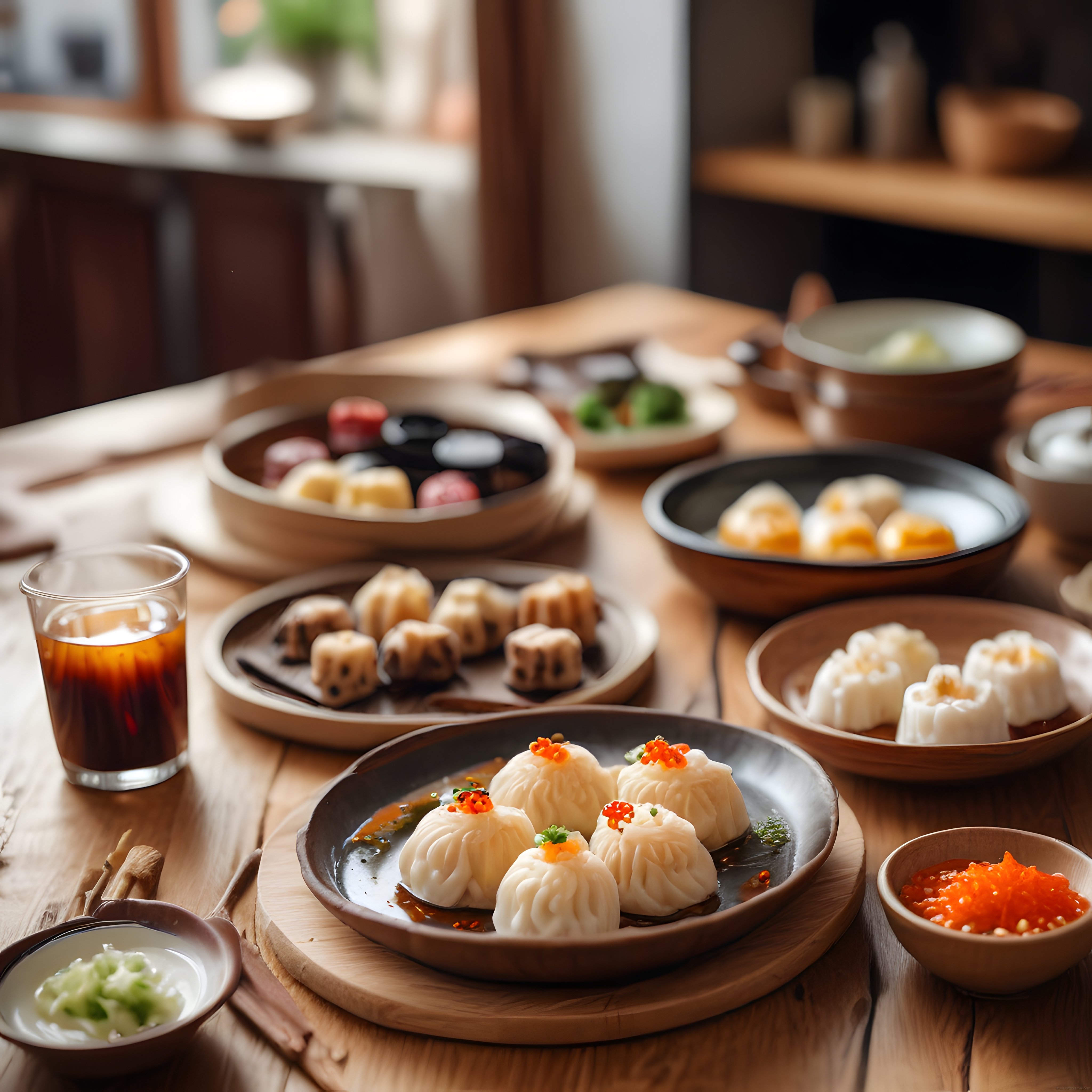 Ahşap Masada Geleneksel Asya Dim Sum Çeşitleri ve Kırmızı Havyar Sosu