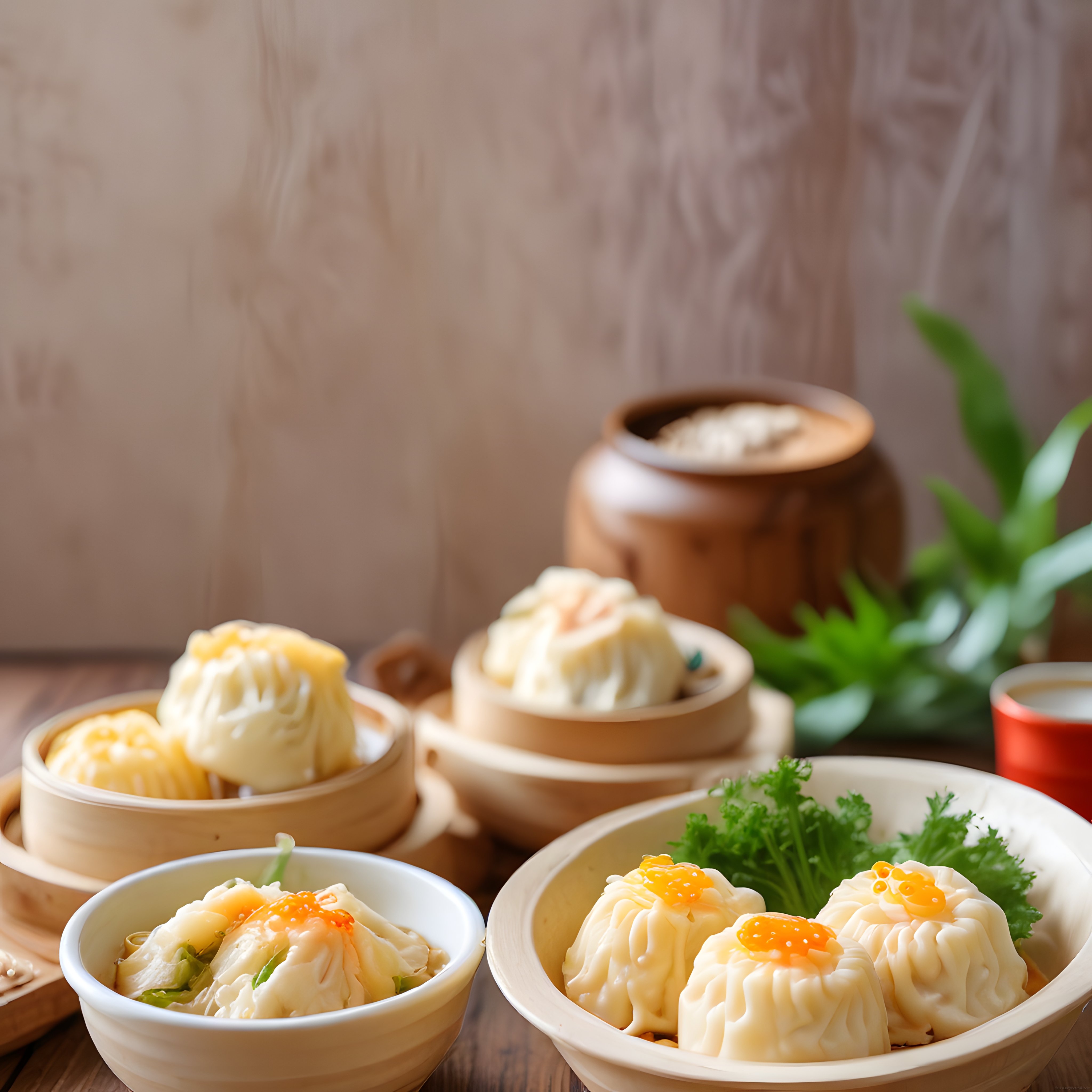 Ahşap Masada Geleneksel Çin Mantısı: Bambu Buharda Dim Sum Lezzetleri