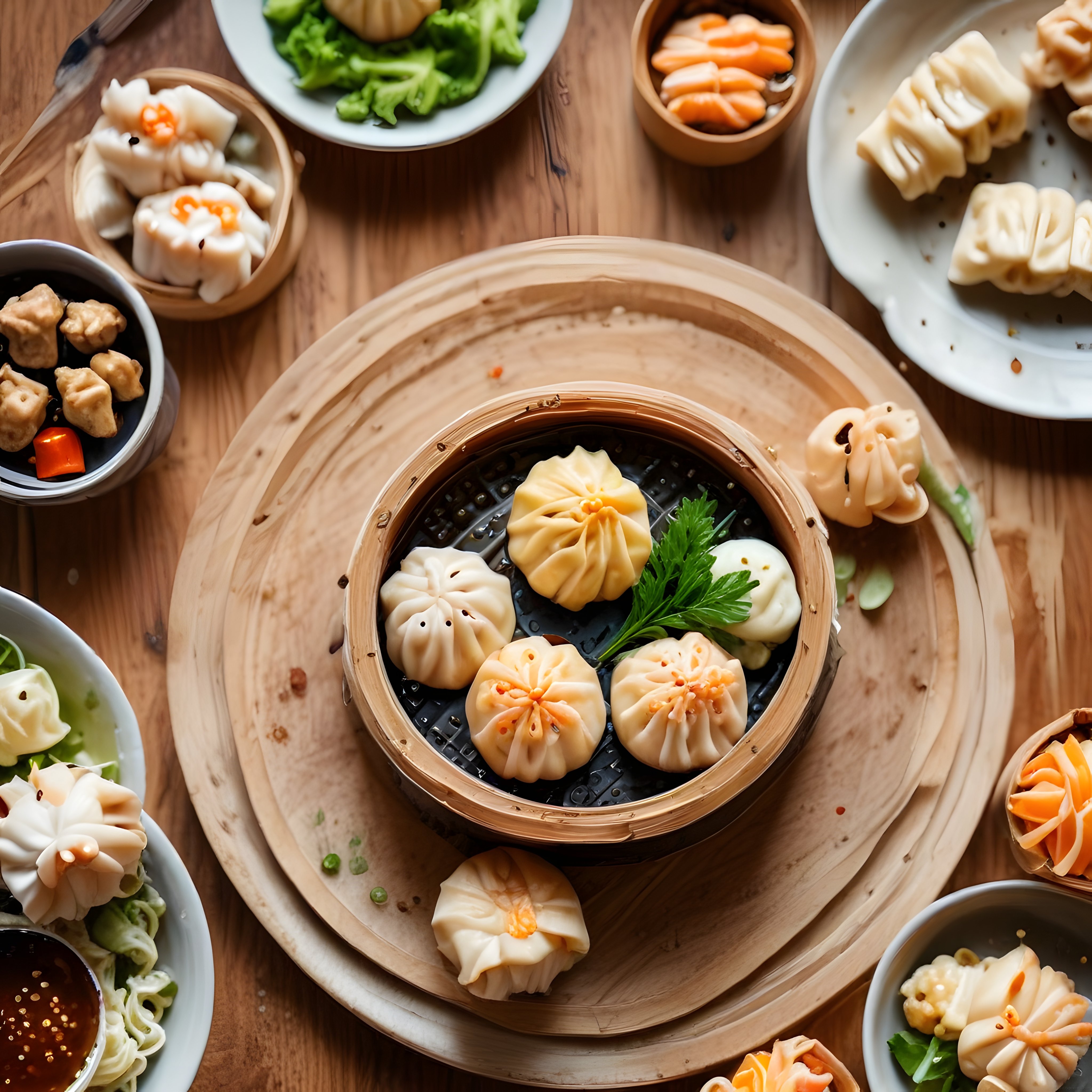 Ahşap Masada Geleneksel Çin Mantısı ve Çeşitli Dim Sum Servisi