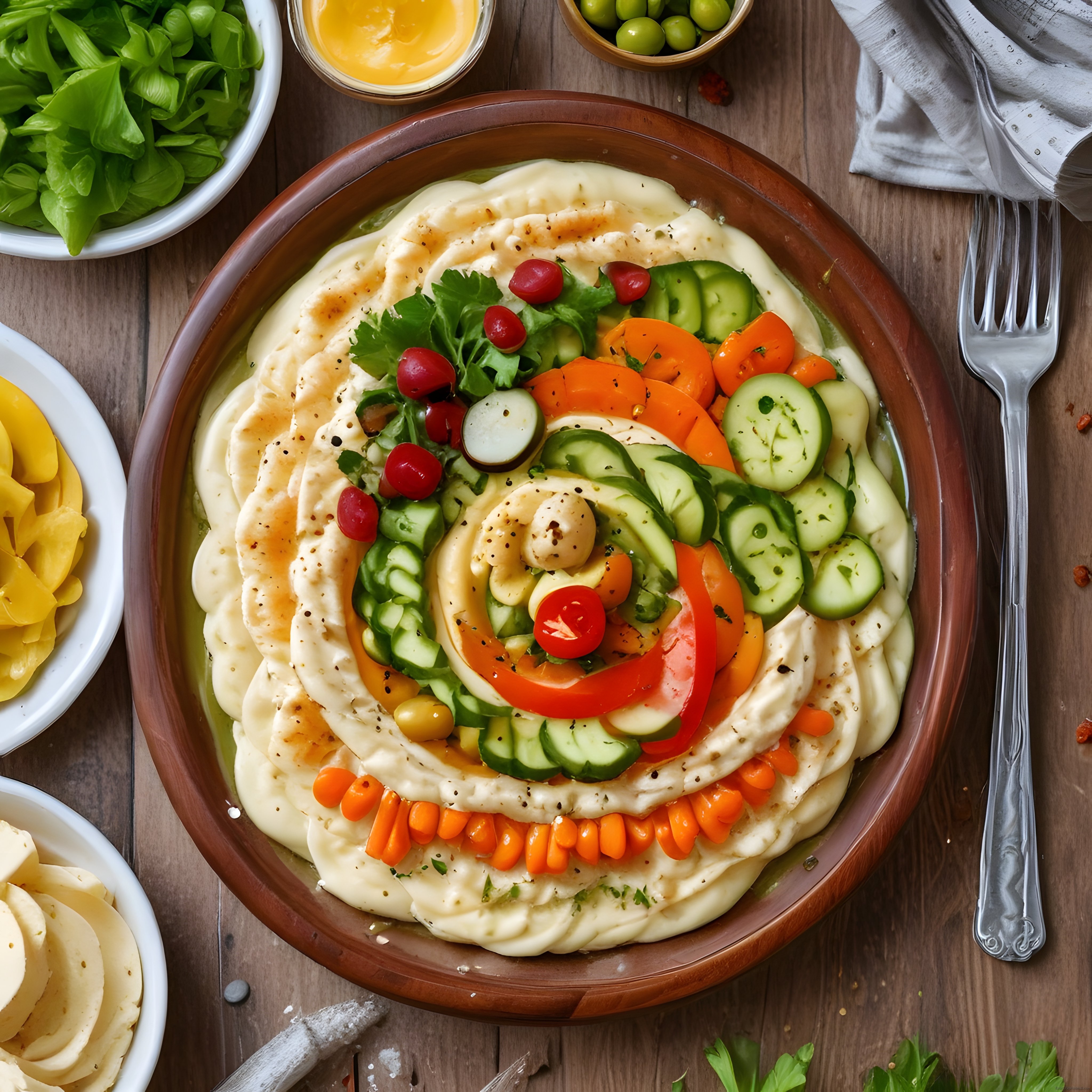 Ahşap Masada Geleneksel Humus Sunumu: Sebze Süslemeli Sağlıklı Meze
