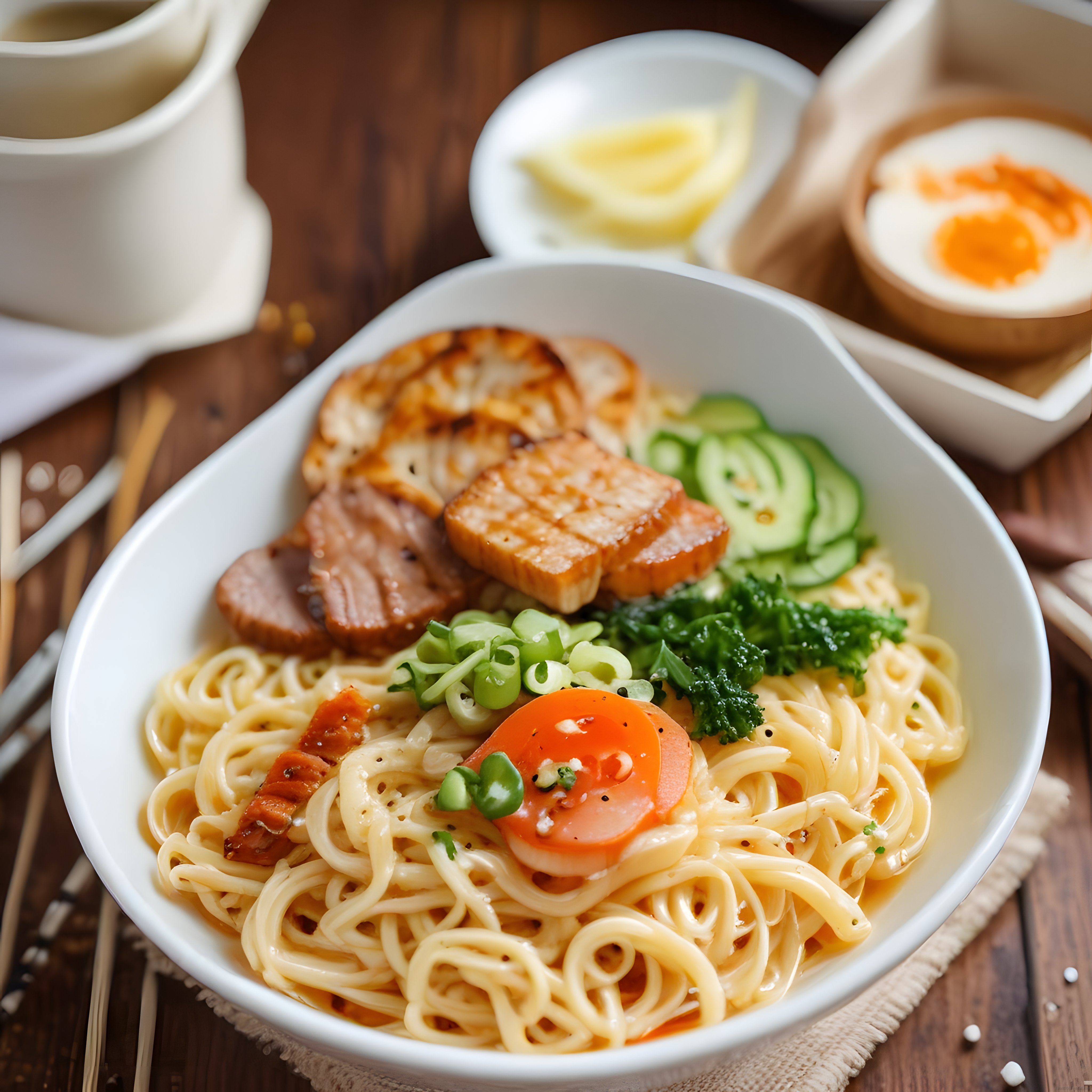Ahşap Masada Geleneksel Japon Ramen: Erişte, Chashu Et ve Naruto Balığı
