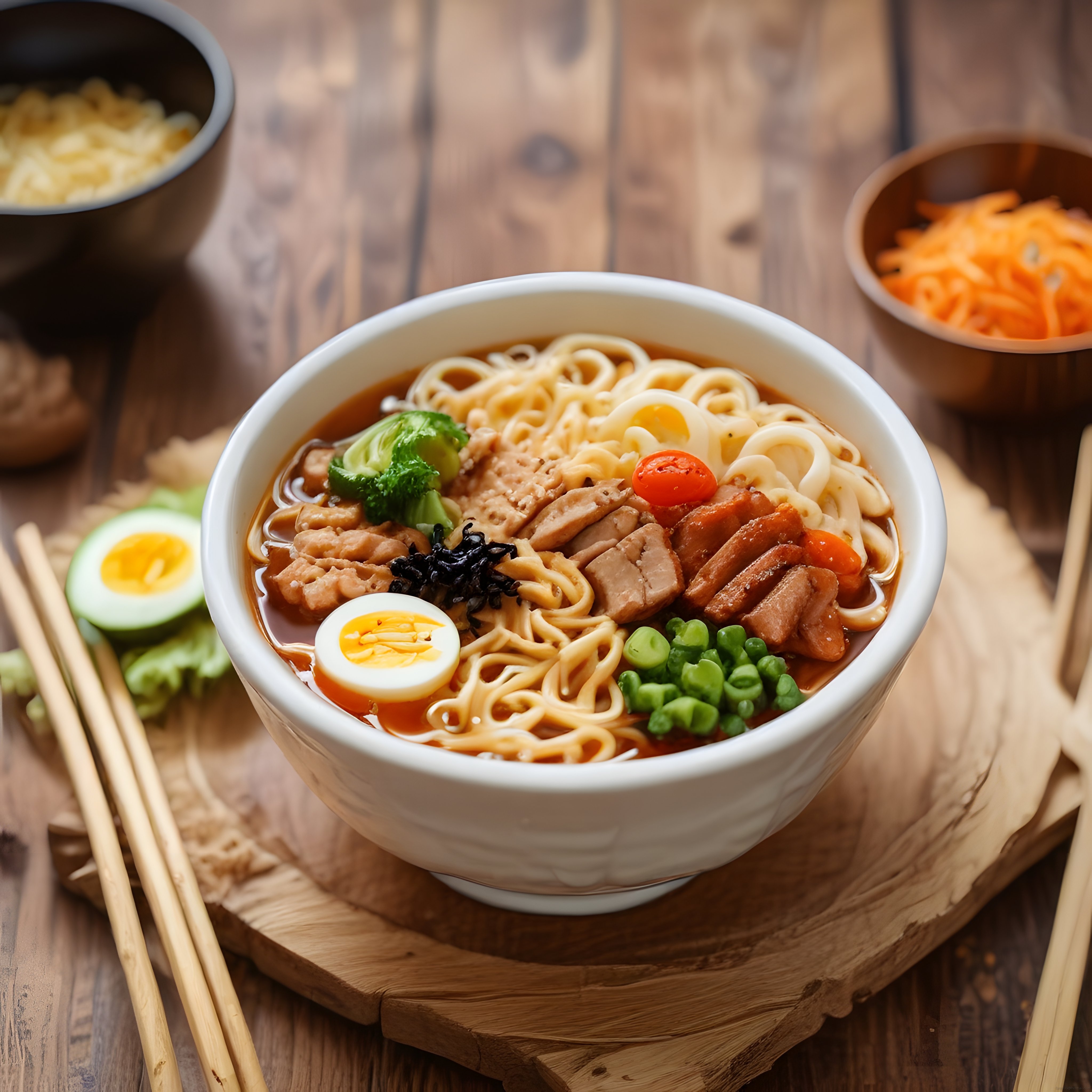 Ahşap Masada Geleneksel Japon Ramen Kasesi ve Bambu Çubuklar
