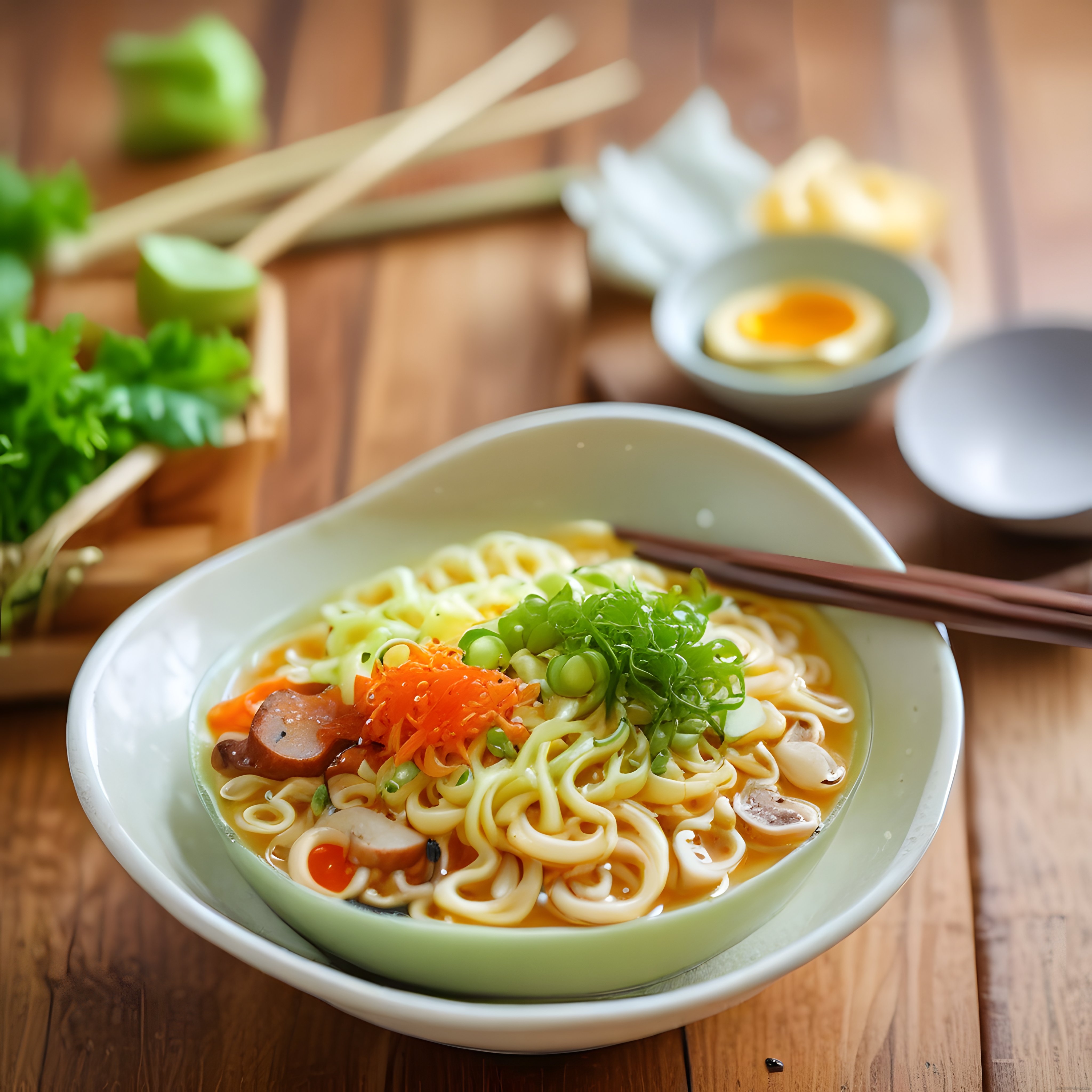 Ahşap Masada Geleneksel Japon Ramen Kasesi ve Yanında Haşlanmış Yumurta