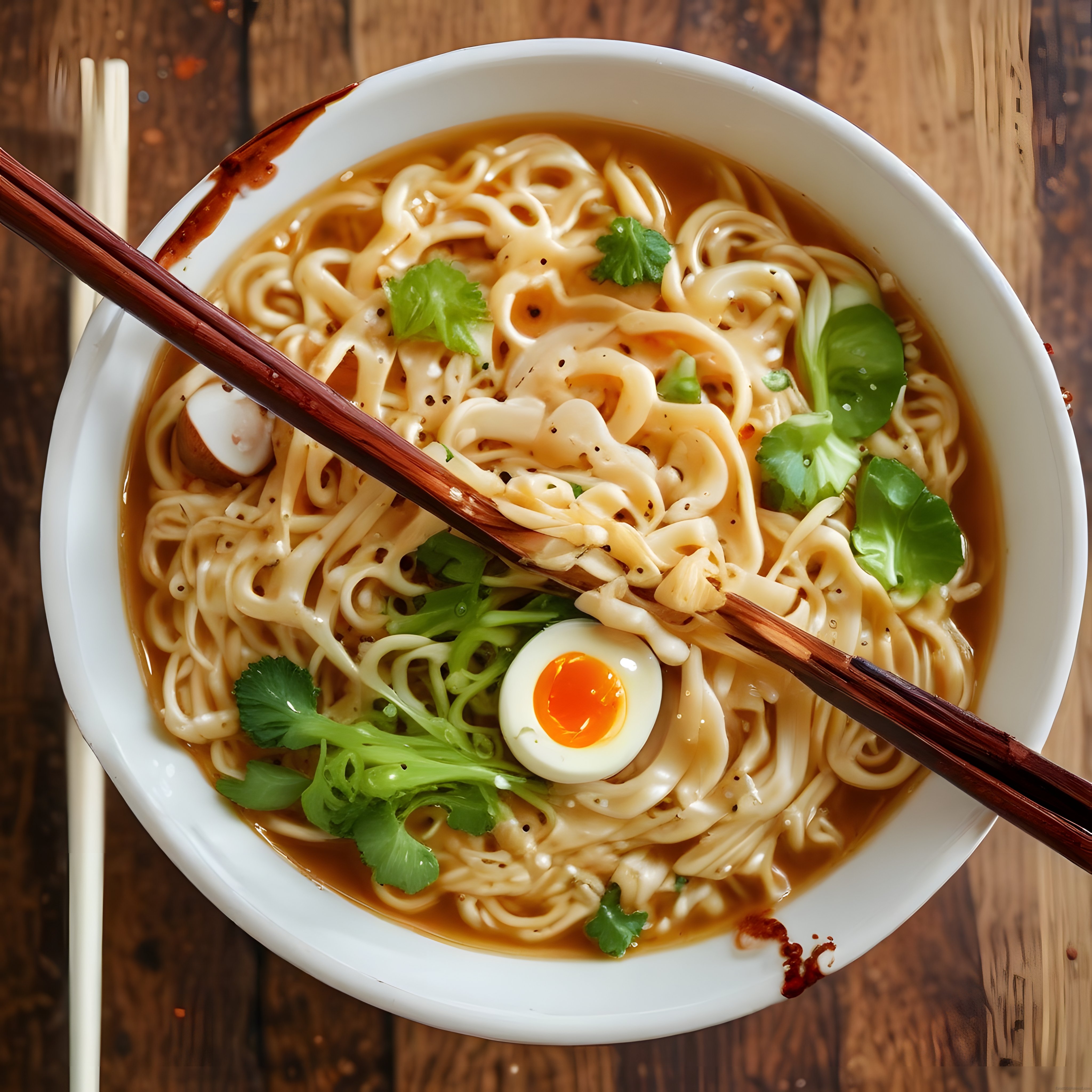 Ahşap masada geleneksel ramen: erişte, yumurta ve taze yeşillikler