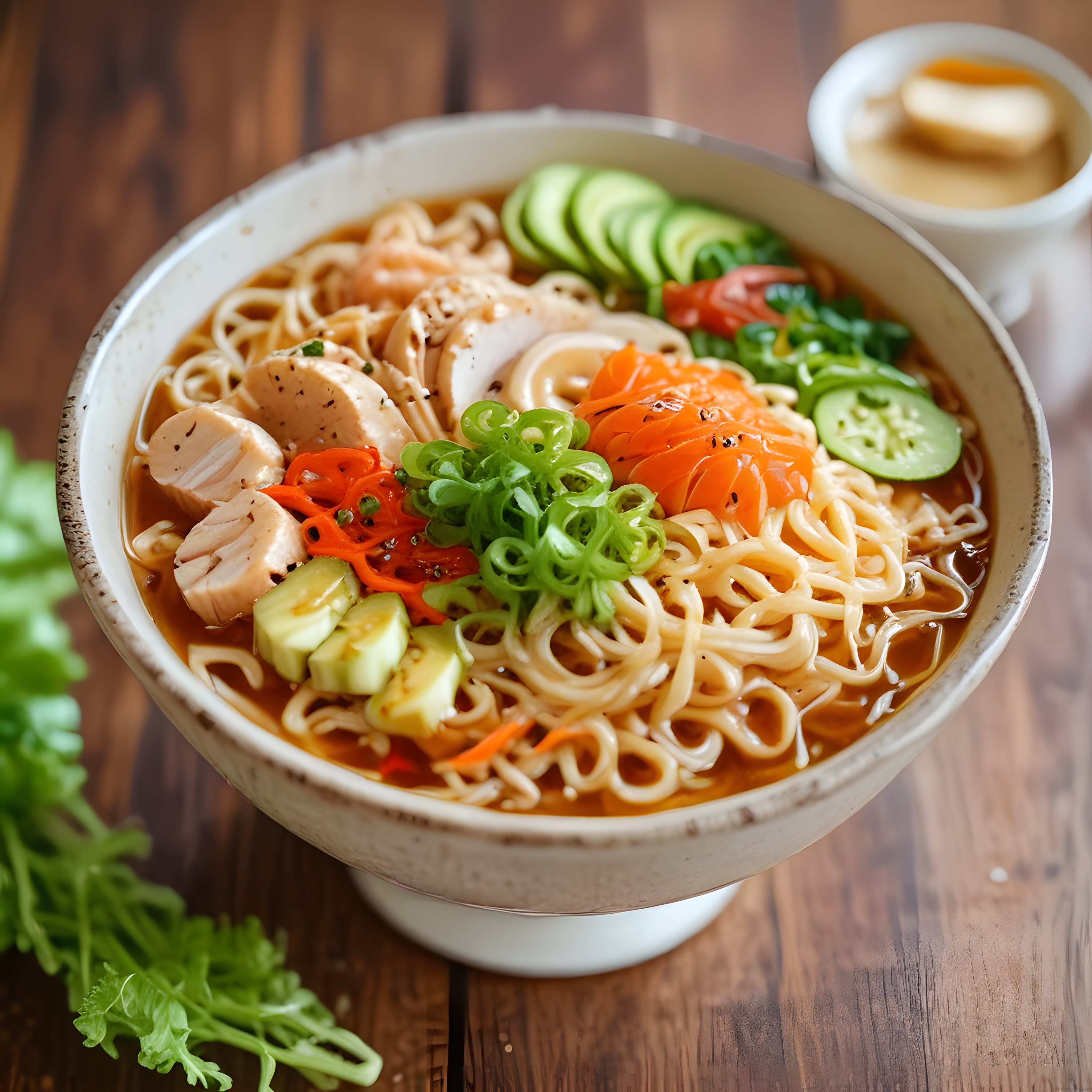 Ahşap masada geleneksel seramik kasede tavuklu ve sebzeli noodle çorbası