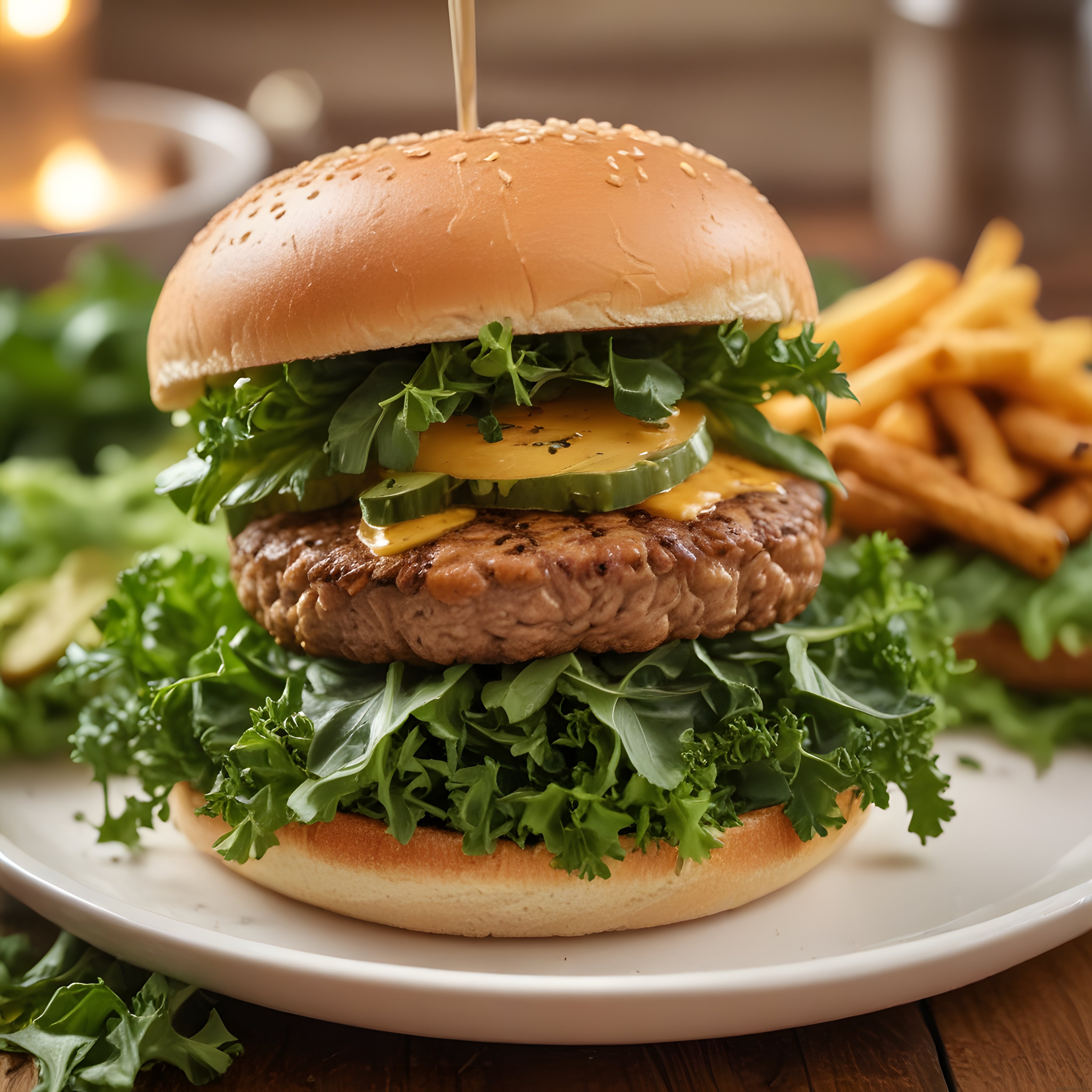 Ahşap Masada Gourmet Hamburger ve Patates Kızartması ile Muhteşem Sunum