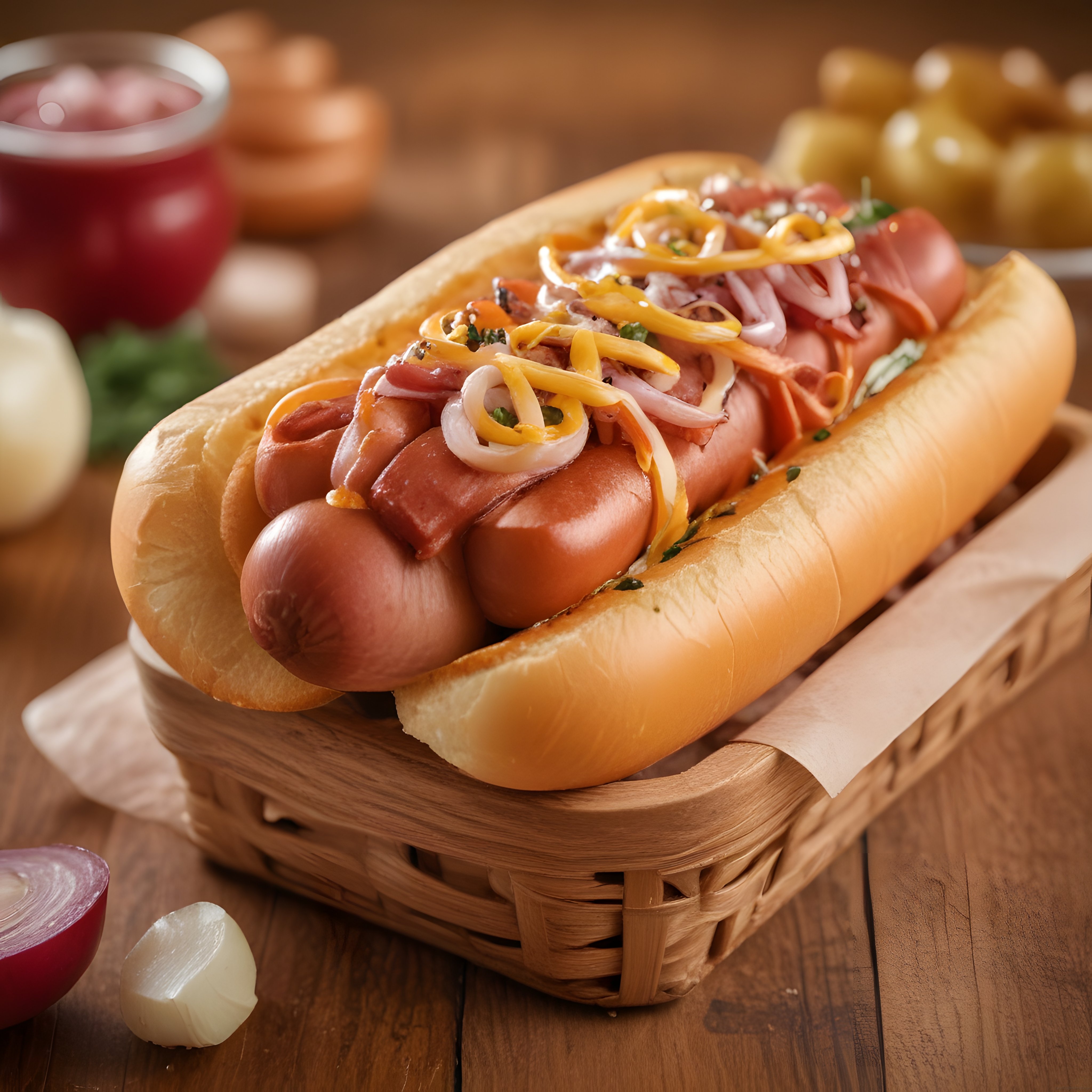 Ahşap Masada Gourmet Sosisli: Peynirli ve Soğanlı Sıcak Hot Dog Keyfi