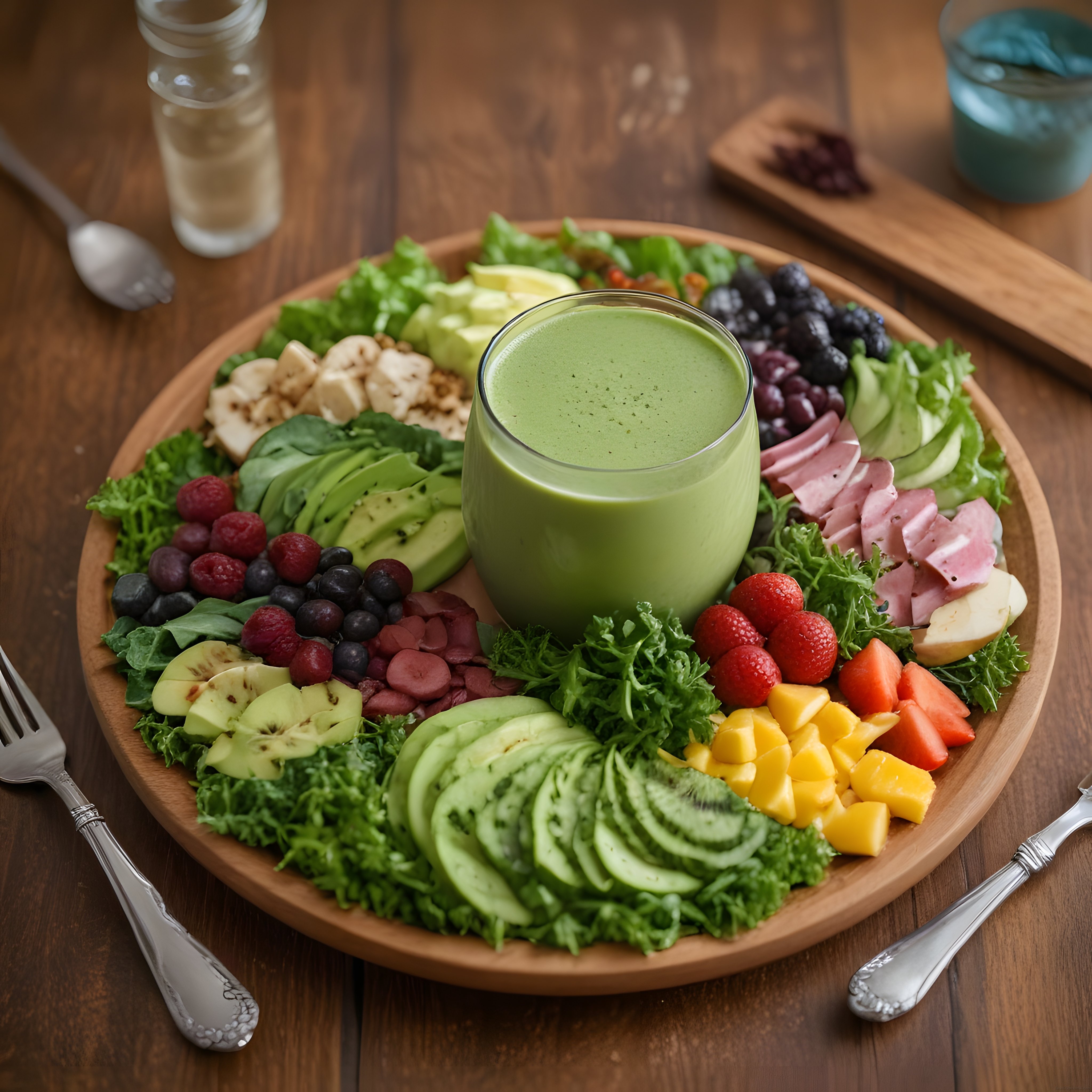 Ahşap Masada Göz Alıcı Meyve Tabağı ve Yeşil Detoks Smoothie Sunumu