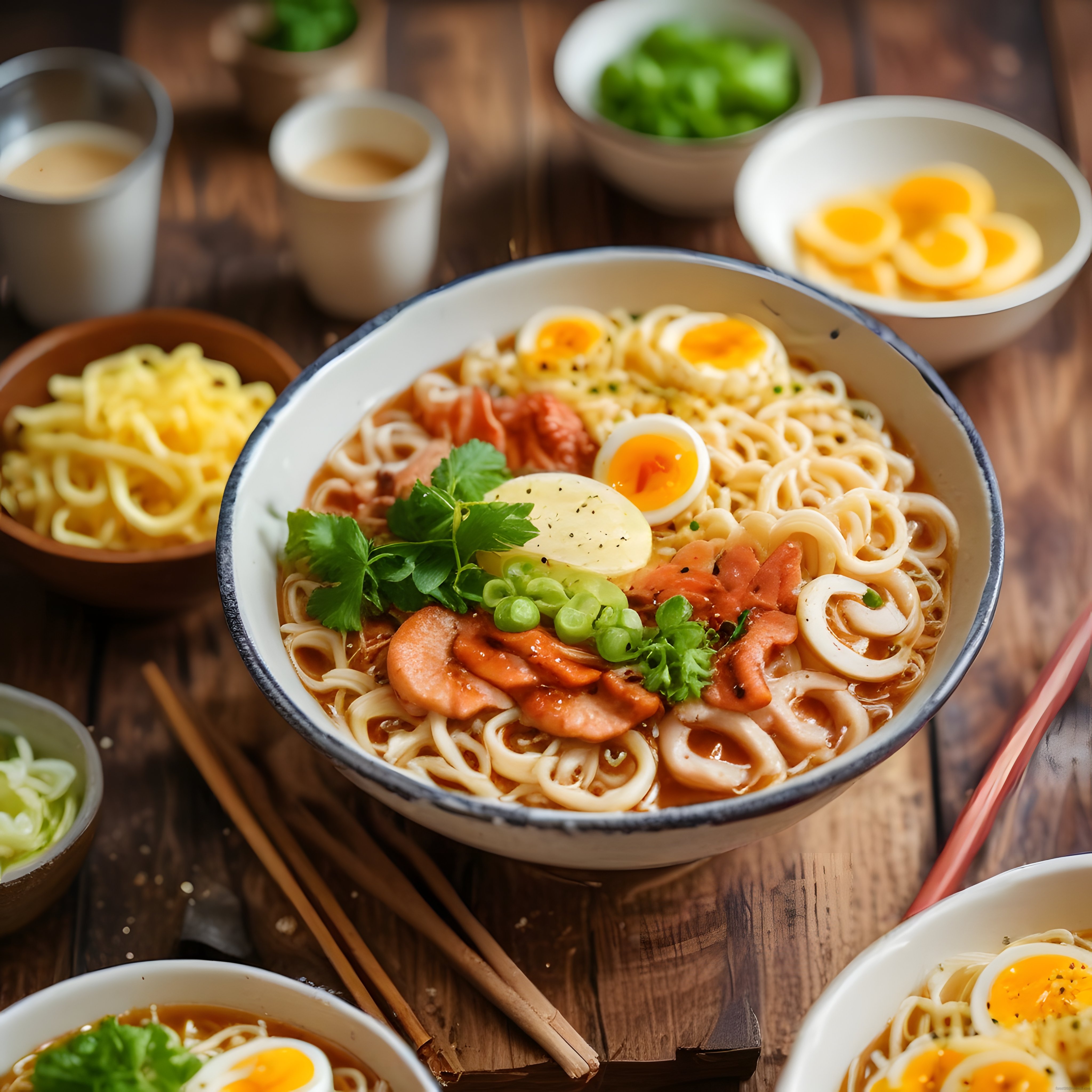 Ahşap Masada Göz Alıcı Ramen Kasesi, Yumurta ve Taze Yeşillik Süslemeleri