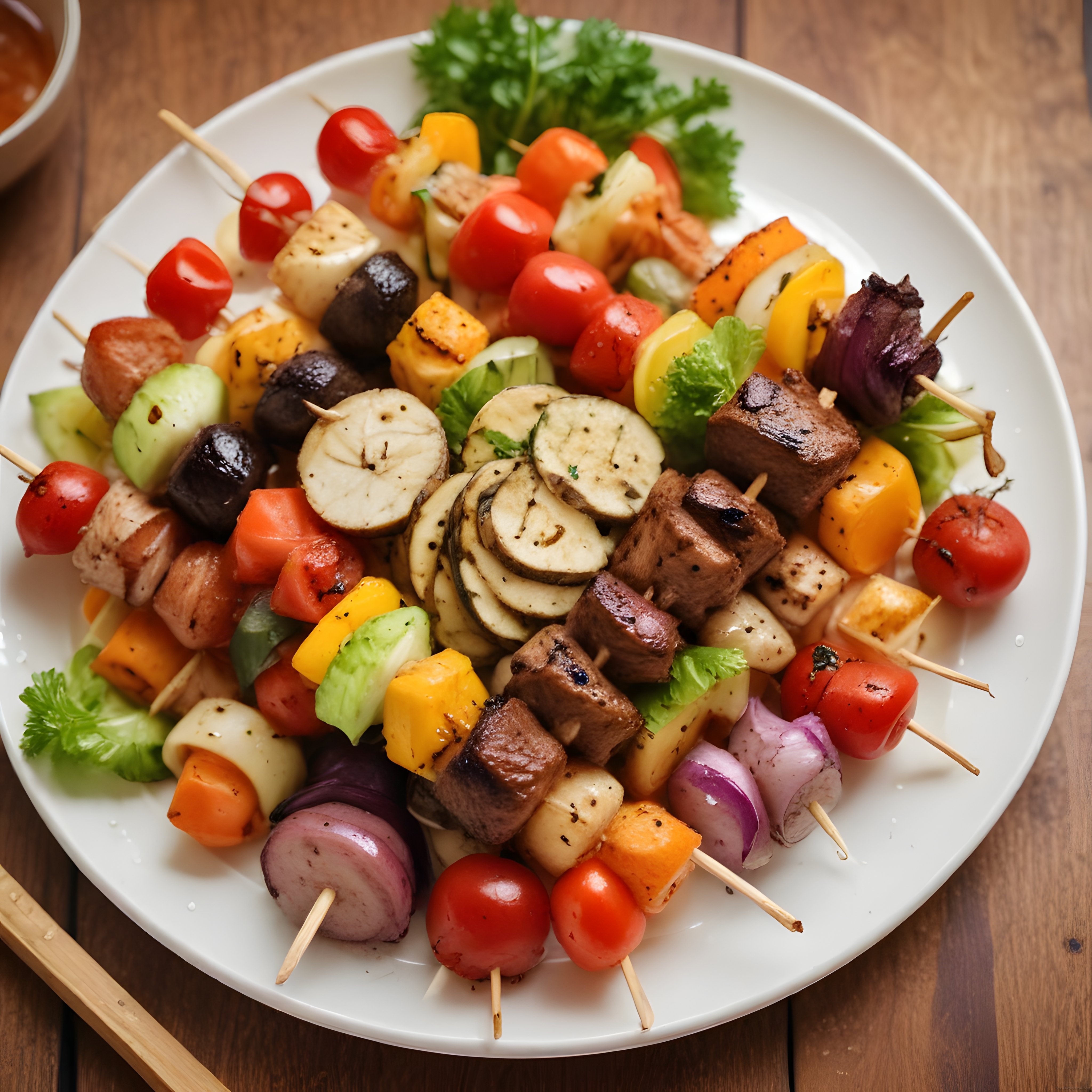 Ahşap Masada Göz Alıcı Renkli Sebzeli ve Etli Şiş Kebap Sunumu