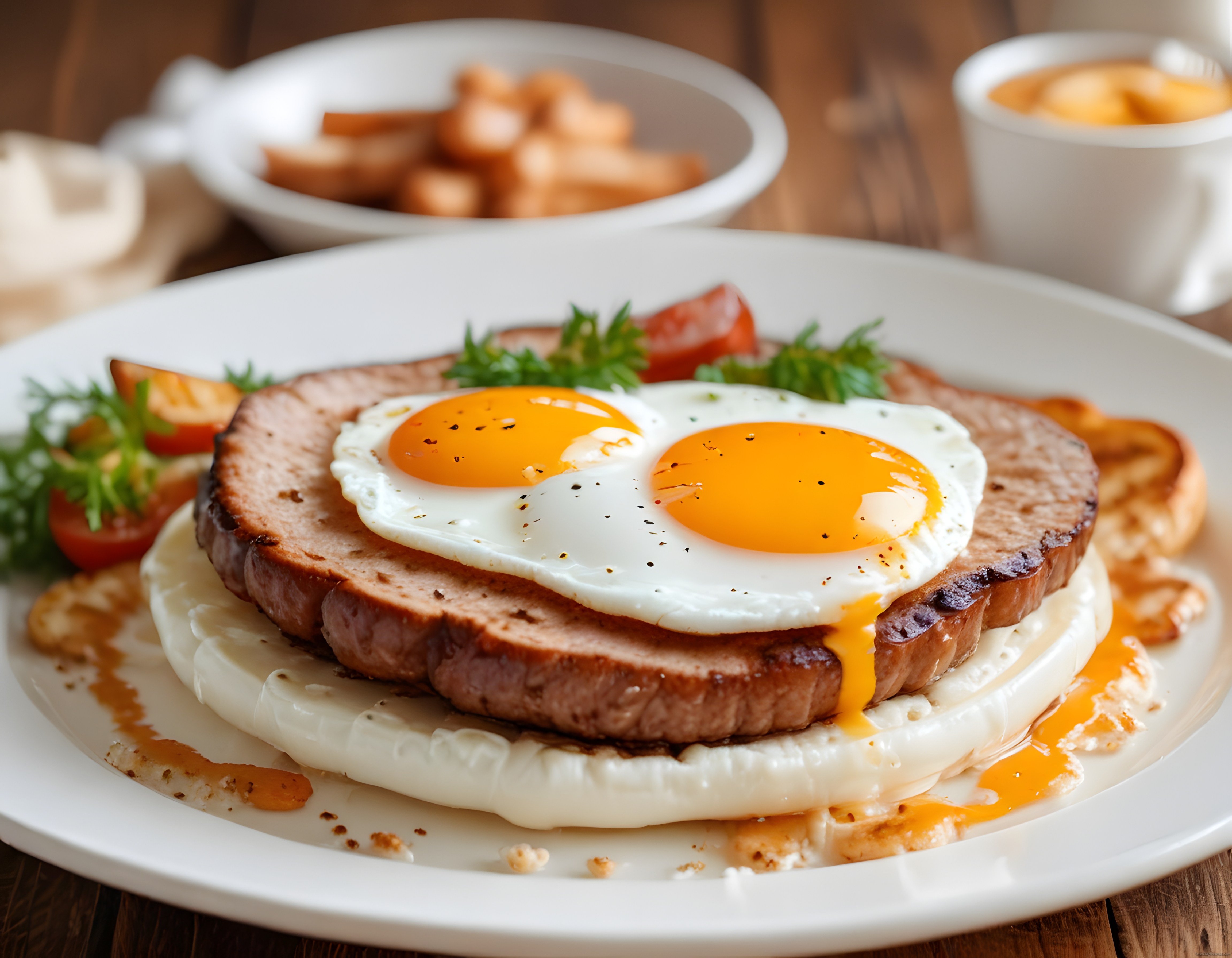 Ahşap Masada Göz Yumurtalı Jambon ve Taze Baharatlı Kahvaltı Tabağı
