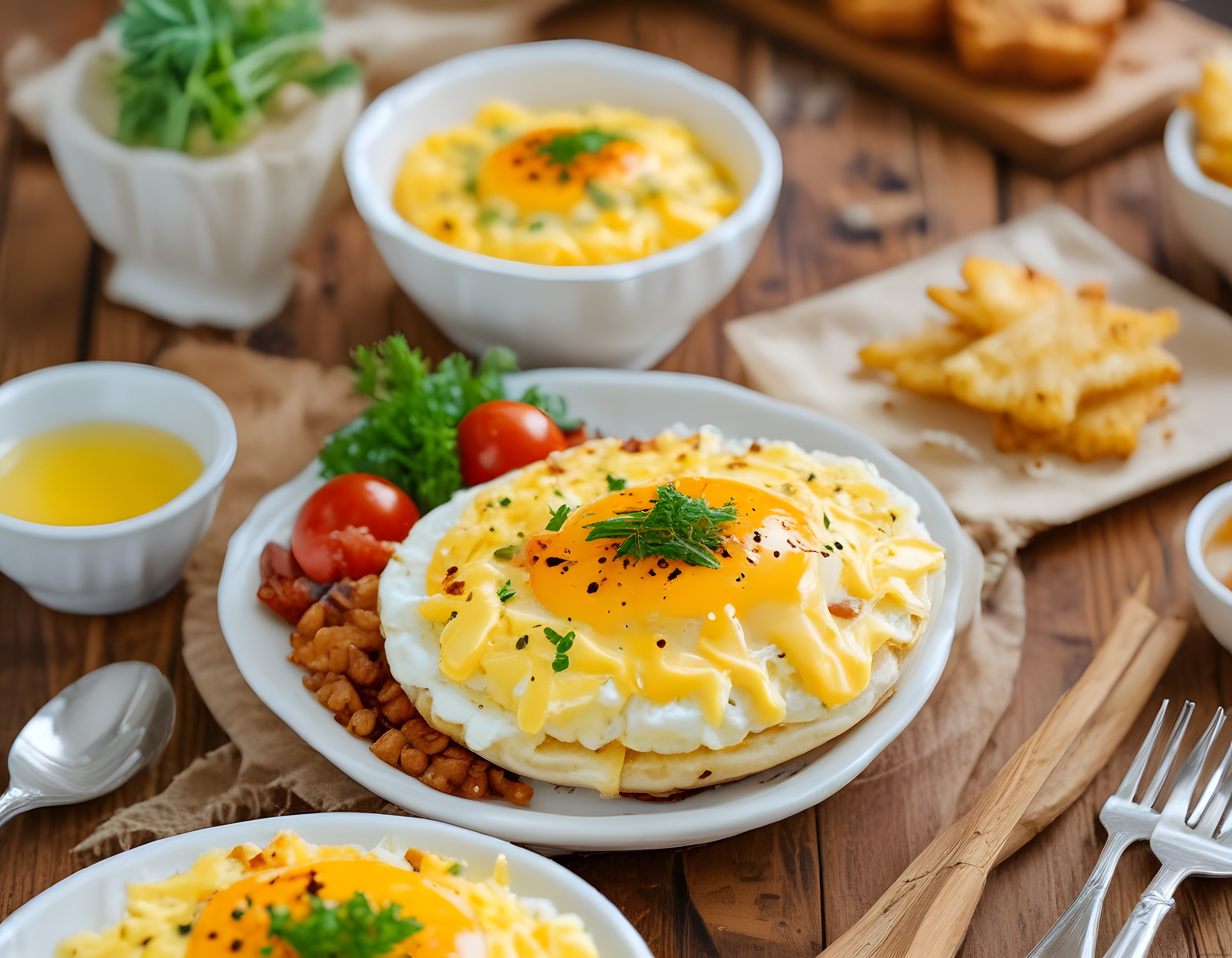 Ahşap Masada Göz Yumurtalı ve Hash Brownlı Sıcak Kahvaltı Sunumu