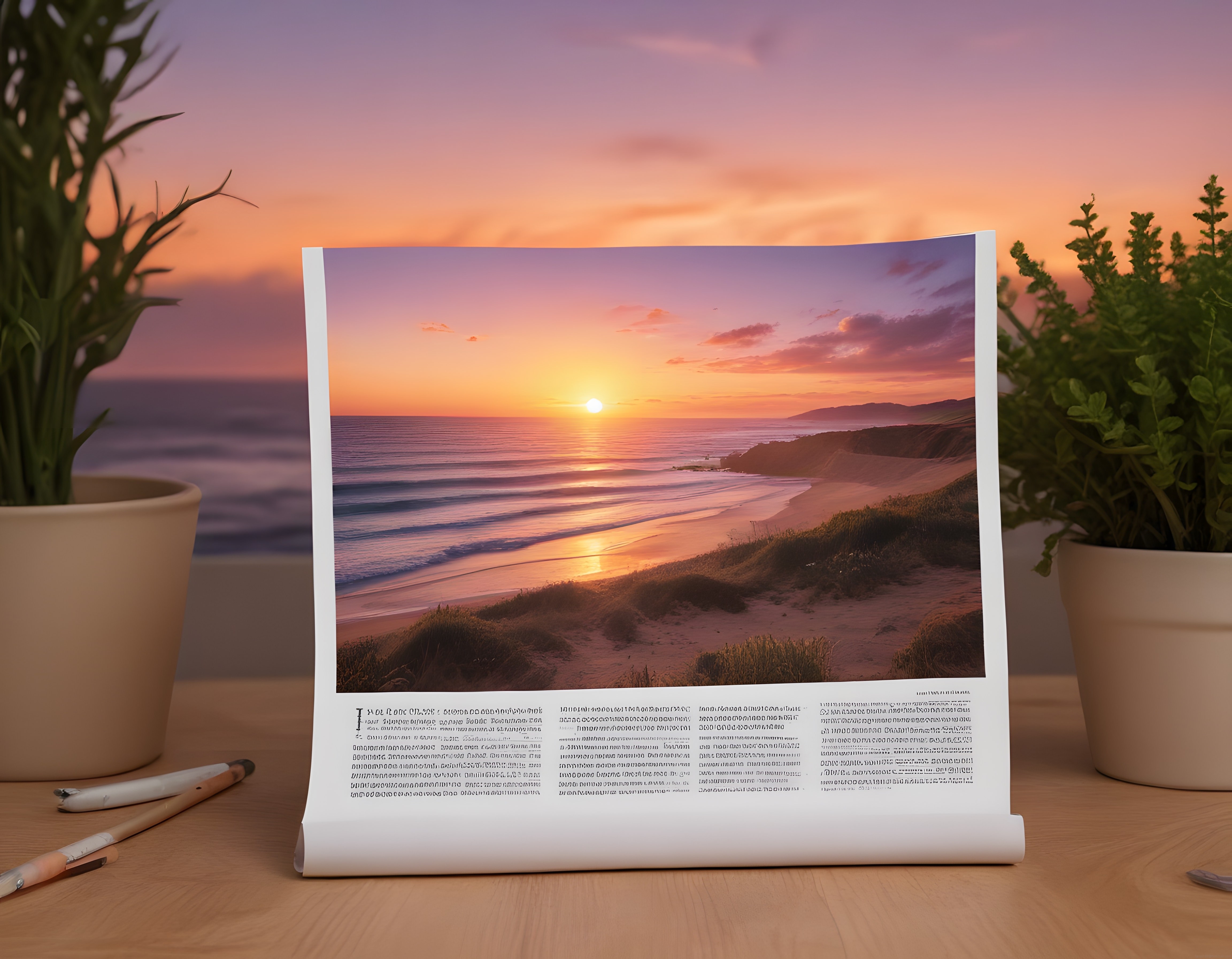 Ahşap Masada Gün Batımı Deniz Fotoğraf Posteri ve Saksı Bitki Dekoru