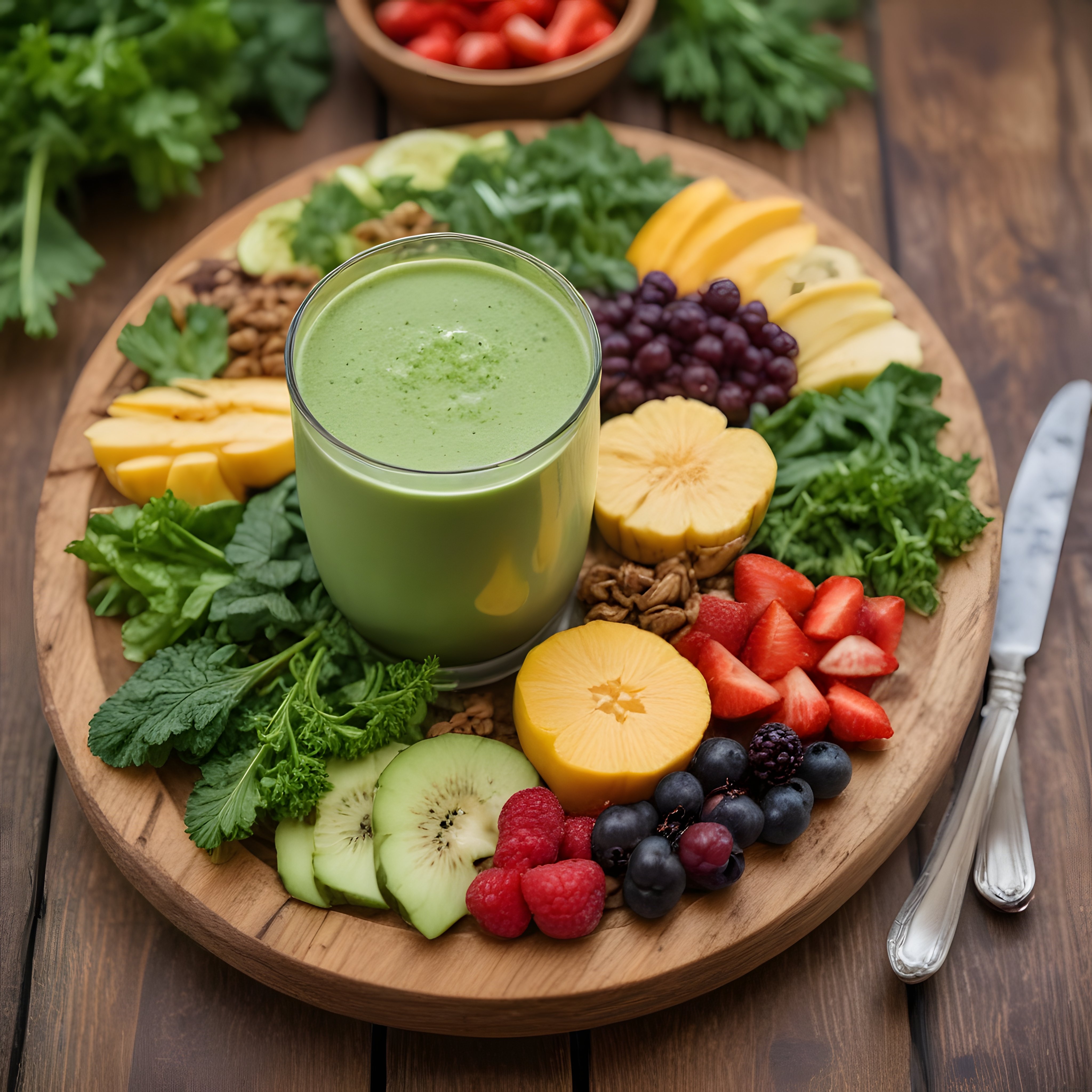 Ahşap Masada Güneş Enerjisi Veren Yeşil Smoothie ve Renkli Meyve Tabağı