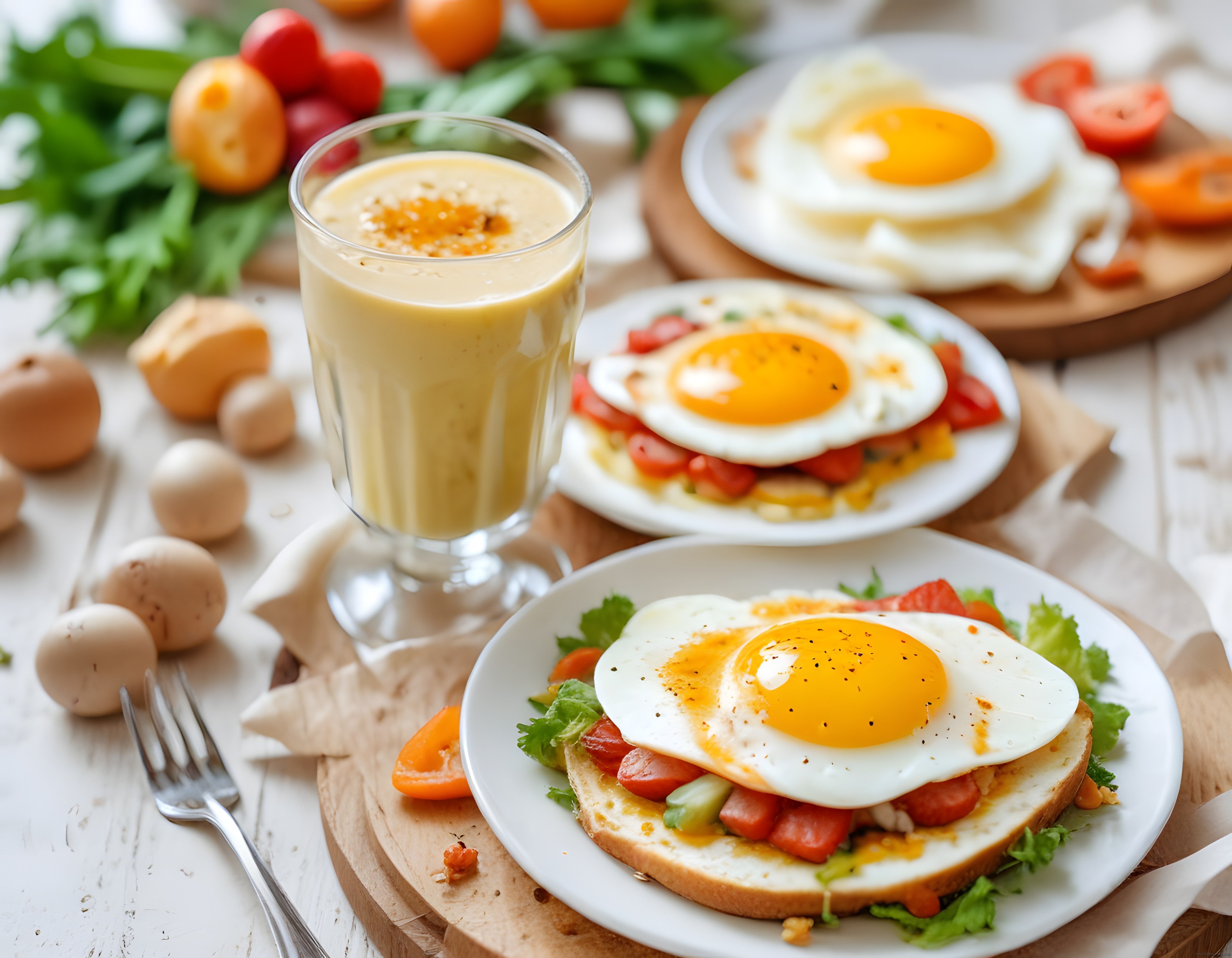 Ahşap Masada Güneş Gibi Yumurtalı Tost ve Smoothieli Nefis Kahvaltı Sunumu