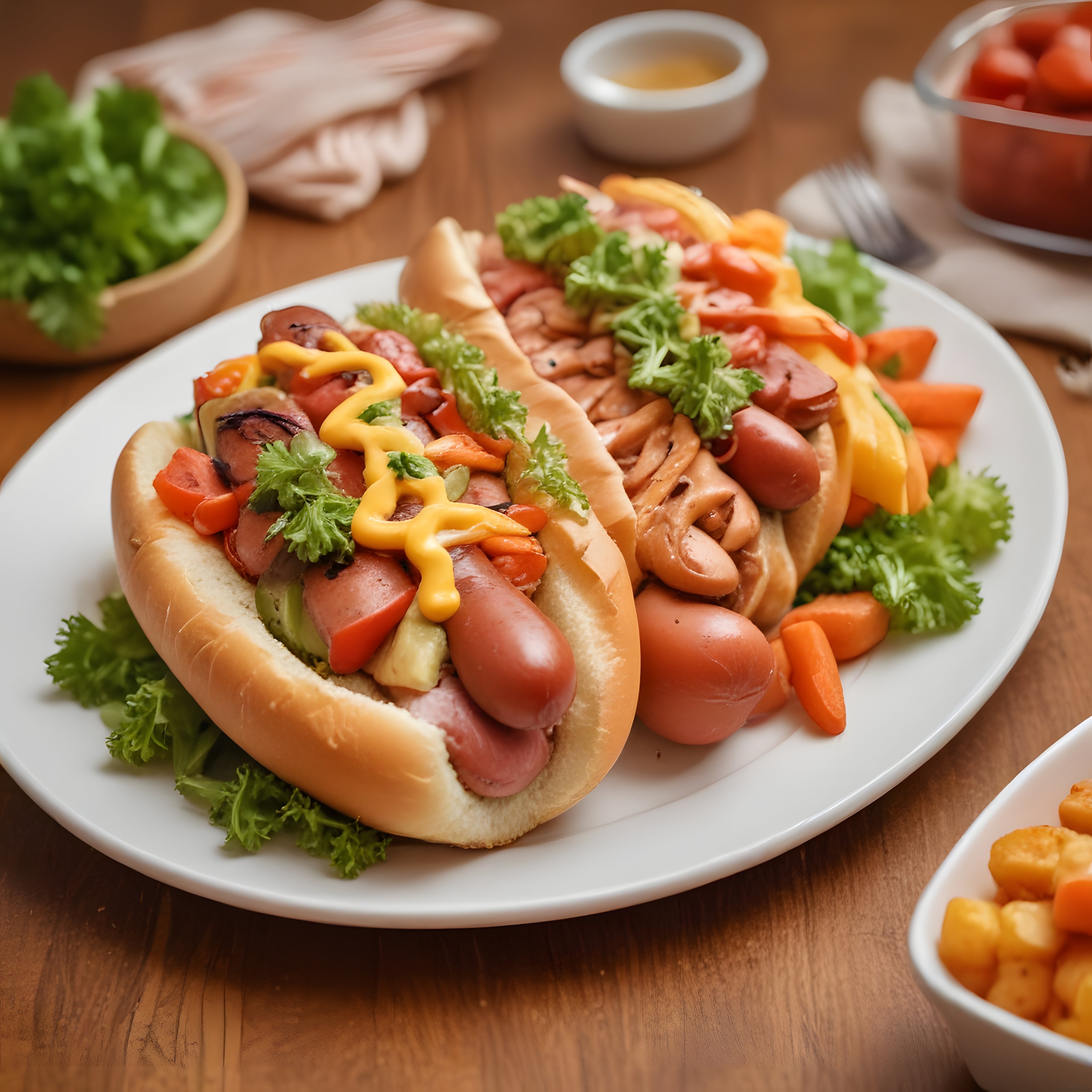 Ahşap Masada Hardal Soslu Hot Dog ve Renkli Garnitürlerle Sosisli Sunum
