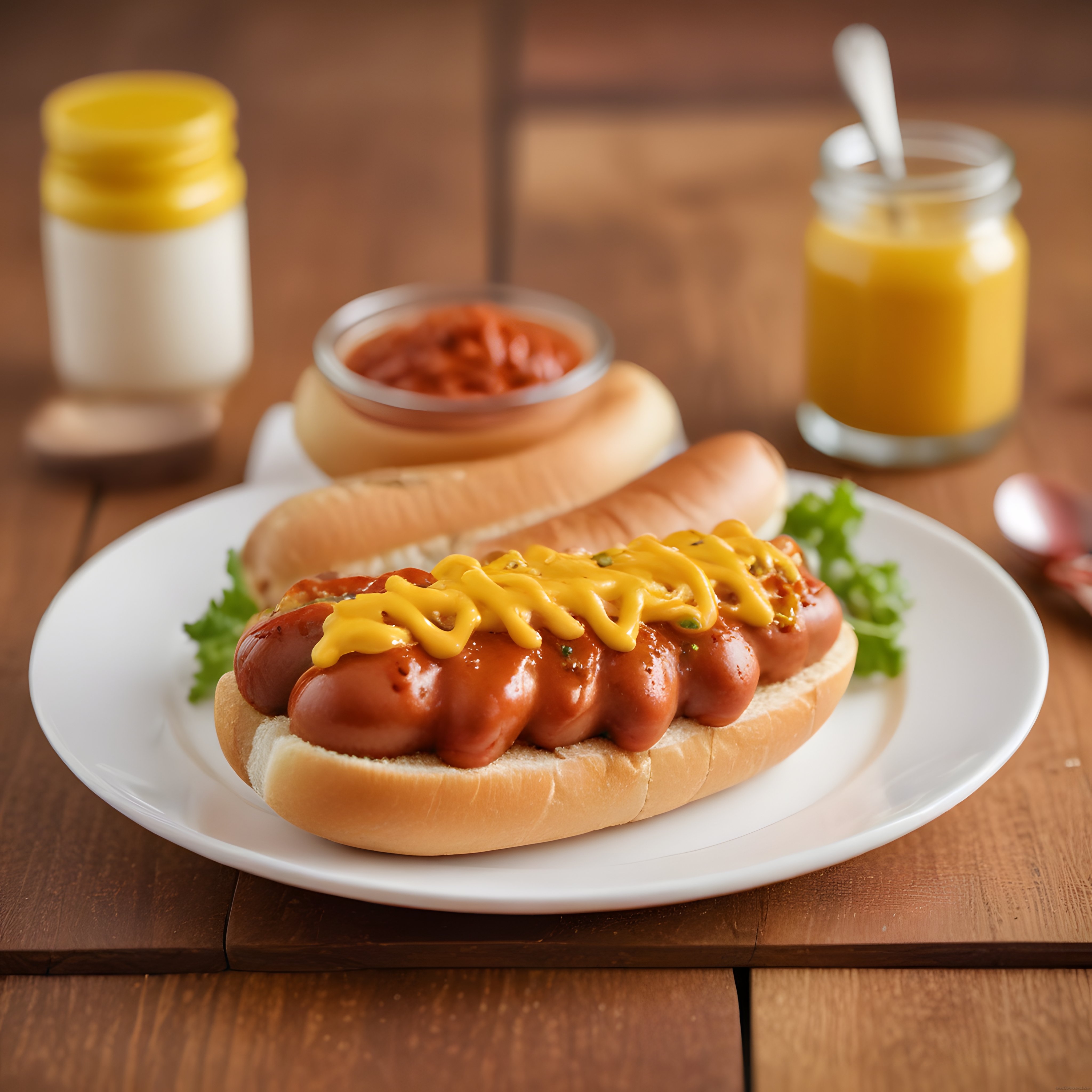 Ahşap Masada Hardal ve Ketçapla Süslenmiş Klasik Hot Dog Sunumu
