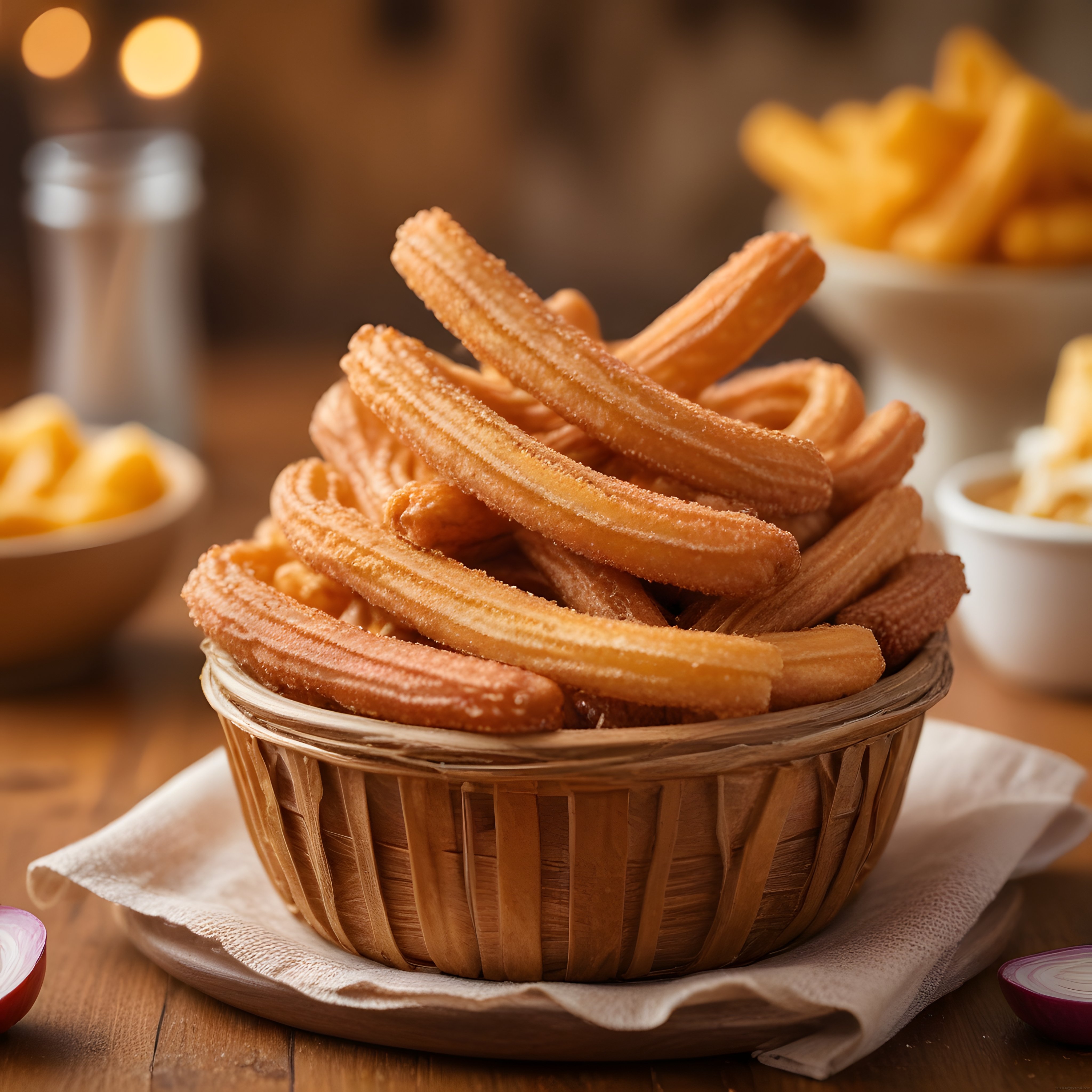 Ahşap Masada Hasır Sepet İçinde Şekerli Churros ve Çıtır Atıştırmalıklar