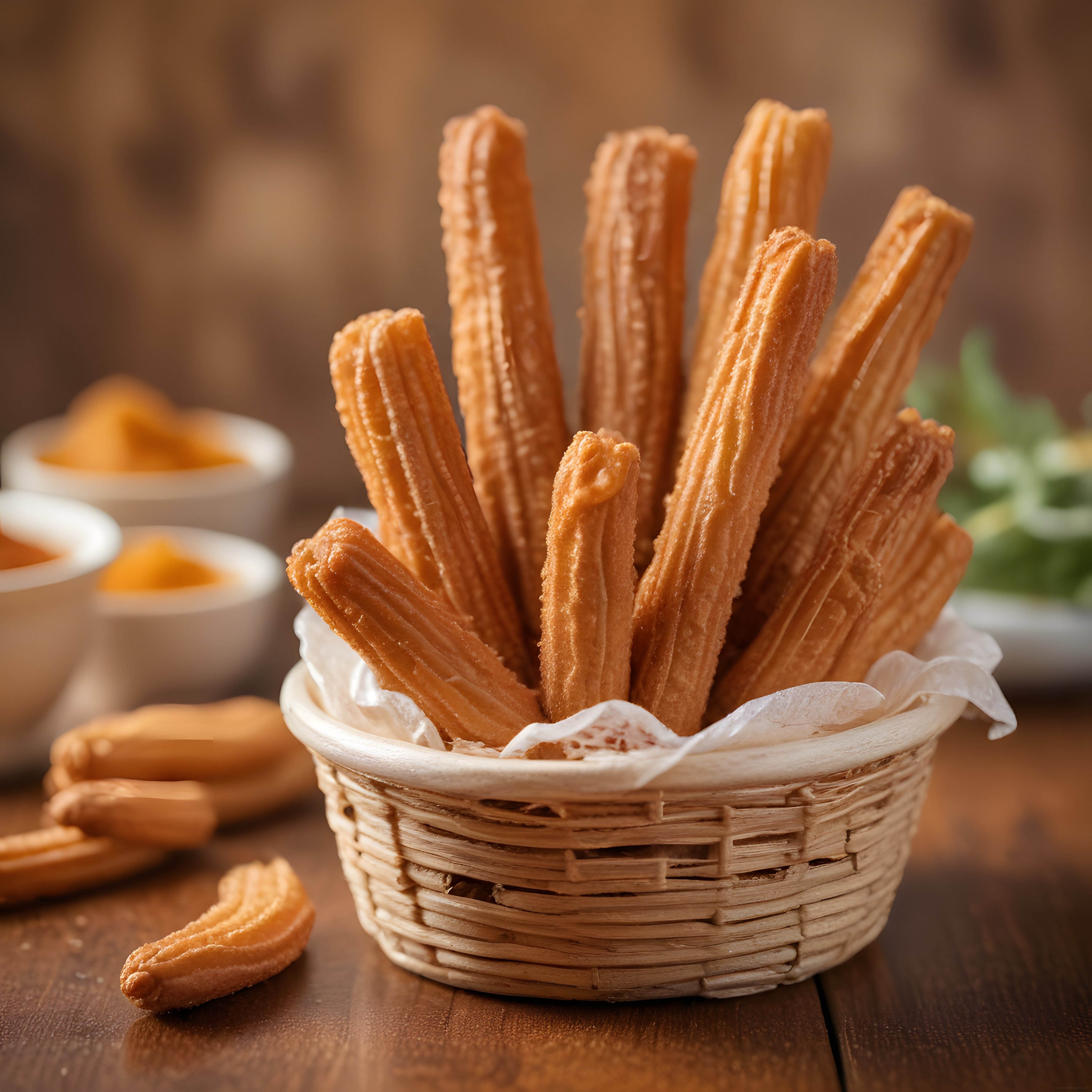 Ahşap Masada Hasır Sepette Churros ve Soslarıyla Lezzetli Tatlı Anı