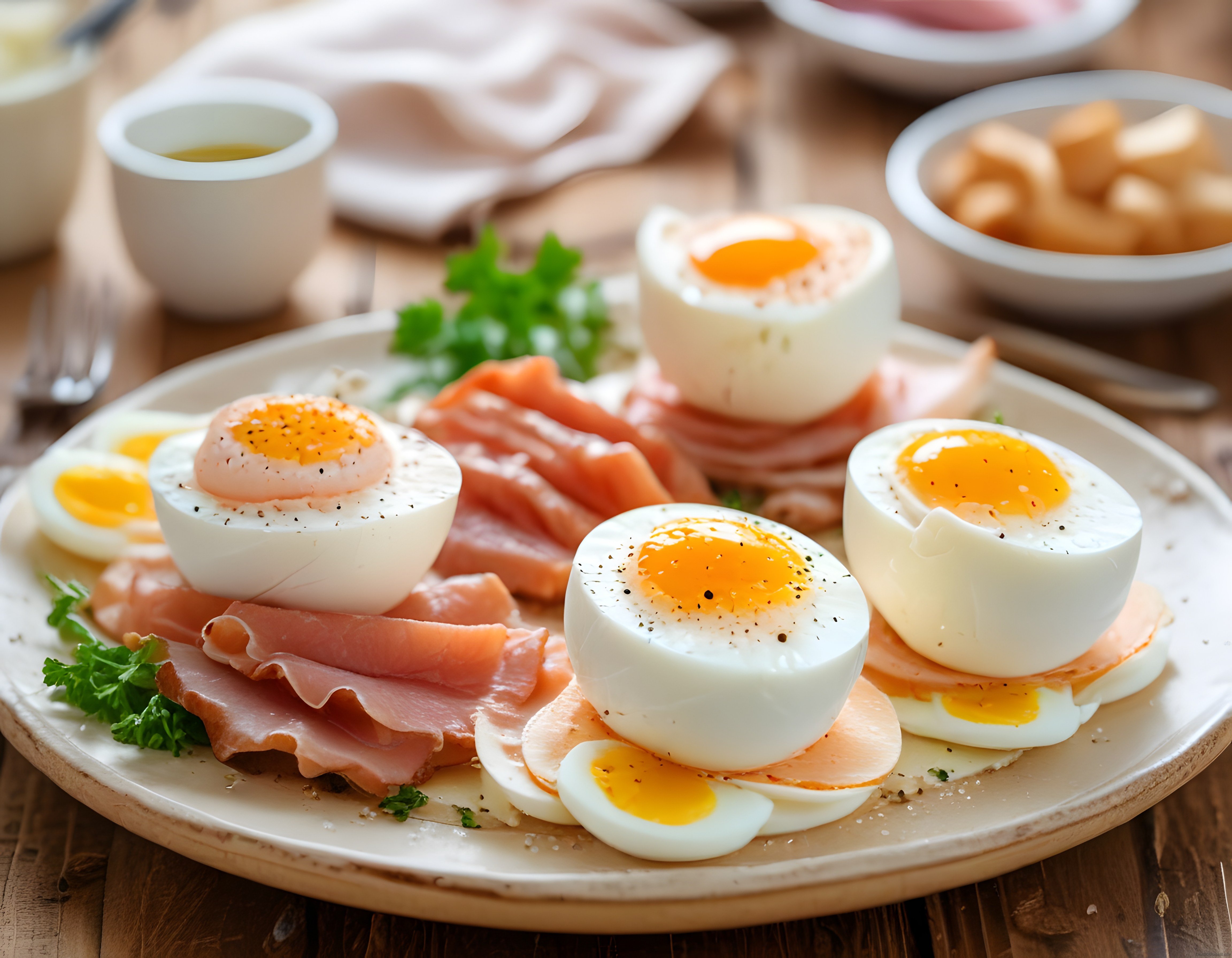 Ahşap Masada Haşlanmış Yumurta ve İnce Jambon Dilimli Kahvaltı Tabağı