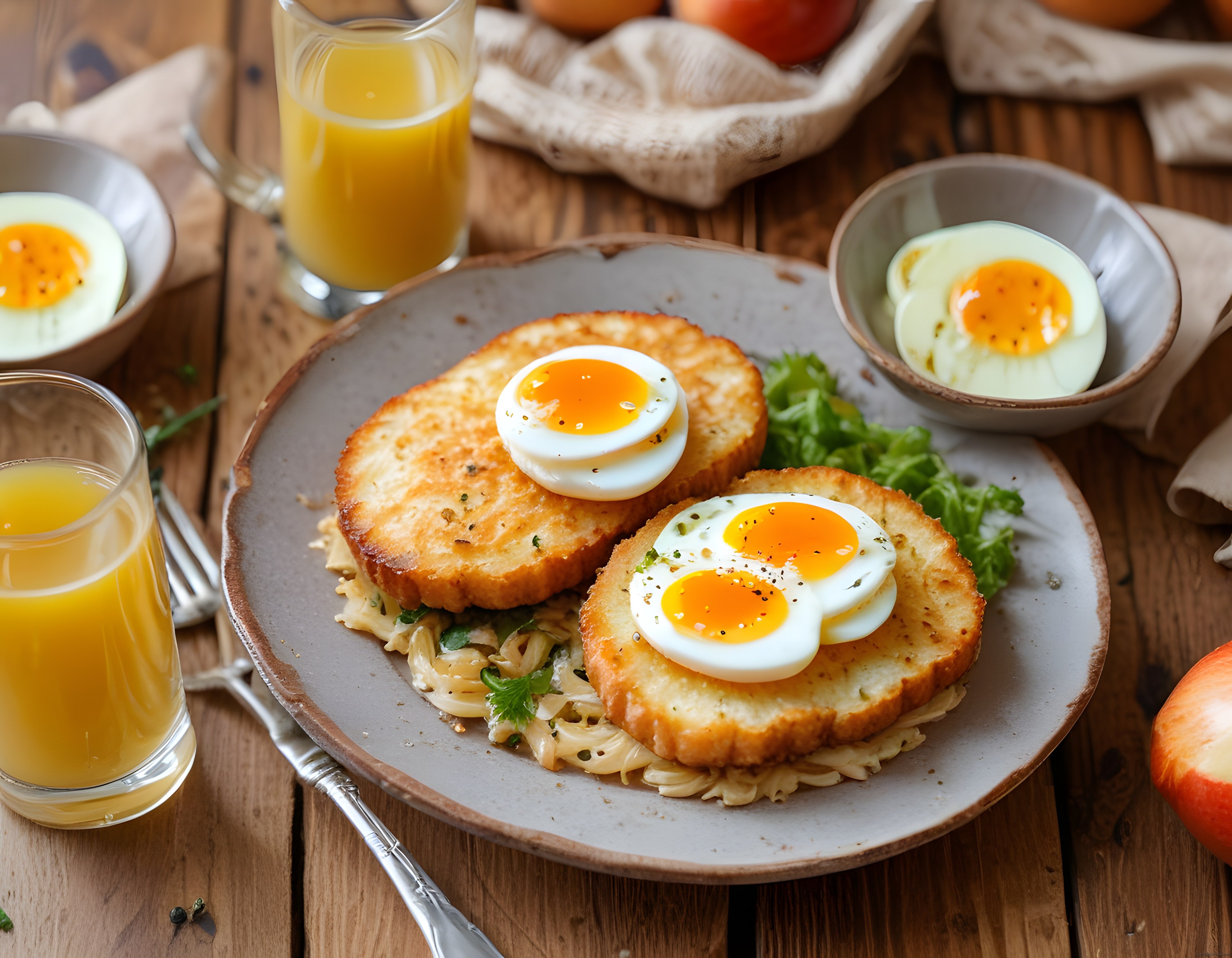 Ahşap Masada Haşlanmış Yumurtalı Tost ve Portakal Suyu Kahvaltı Tabağı