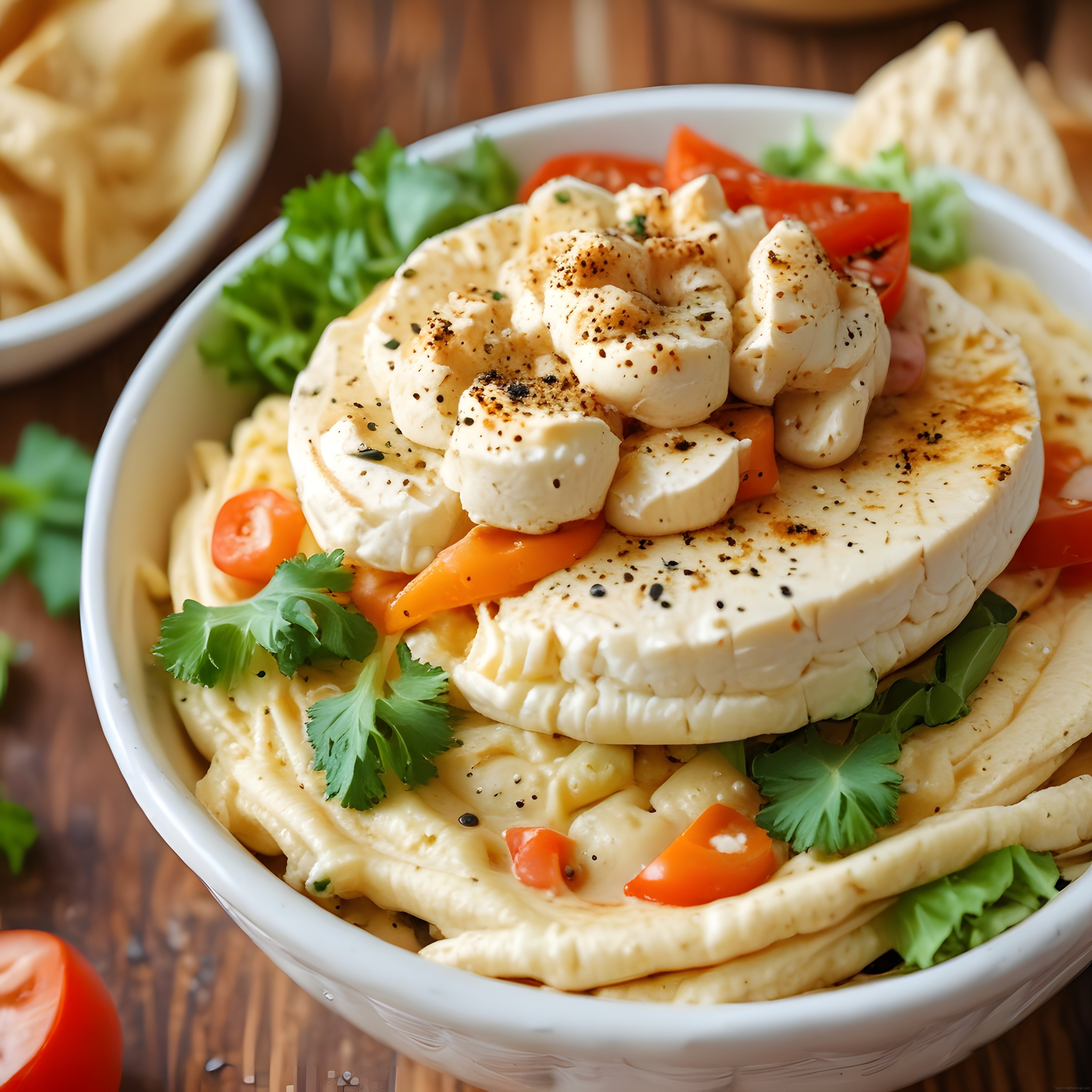 Ahşap Masada Humus Kasesi: Üzerinde Peynir, Domates ve Kişniş ile Meze Sunumu