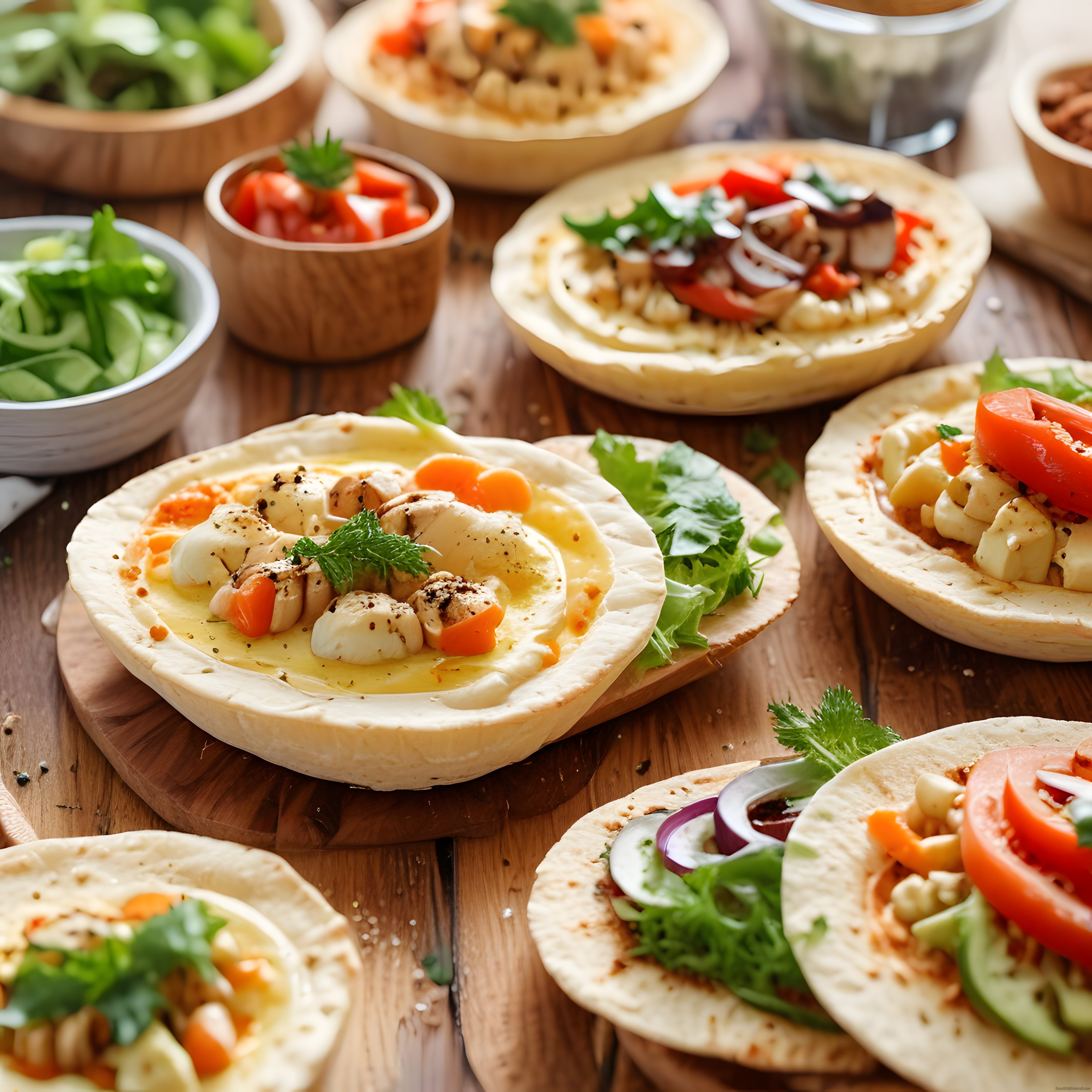 Ahşap Masada Humuslu Tavuklu Pide ve Taze Sebzelerle Ortadoğu Meze Sunumu