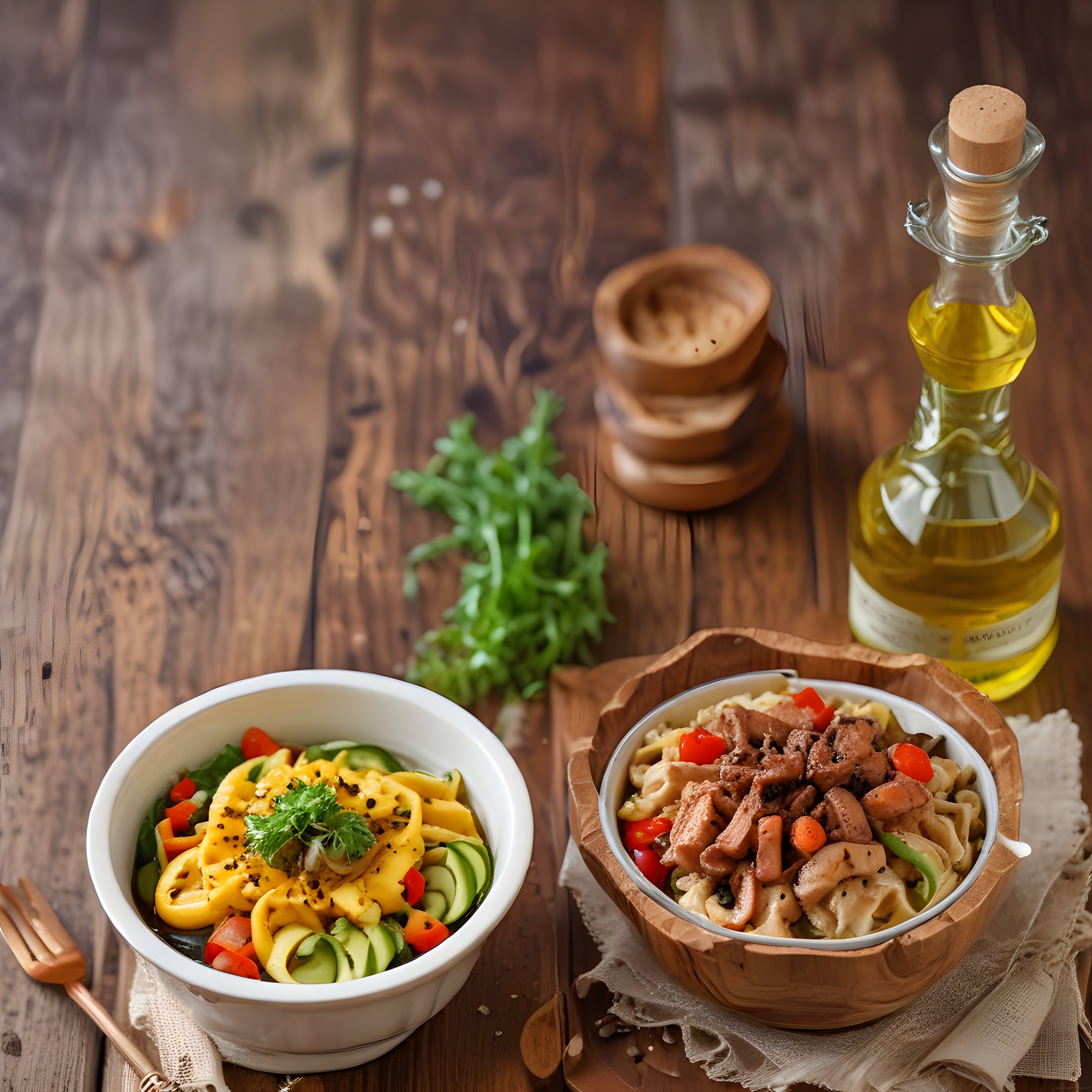 Ahşap Masada İki Kase Lezzetli Makarna ve Taze Sebzeli Salata Tarifi