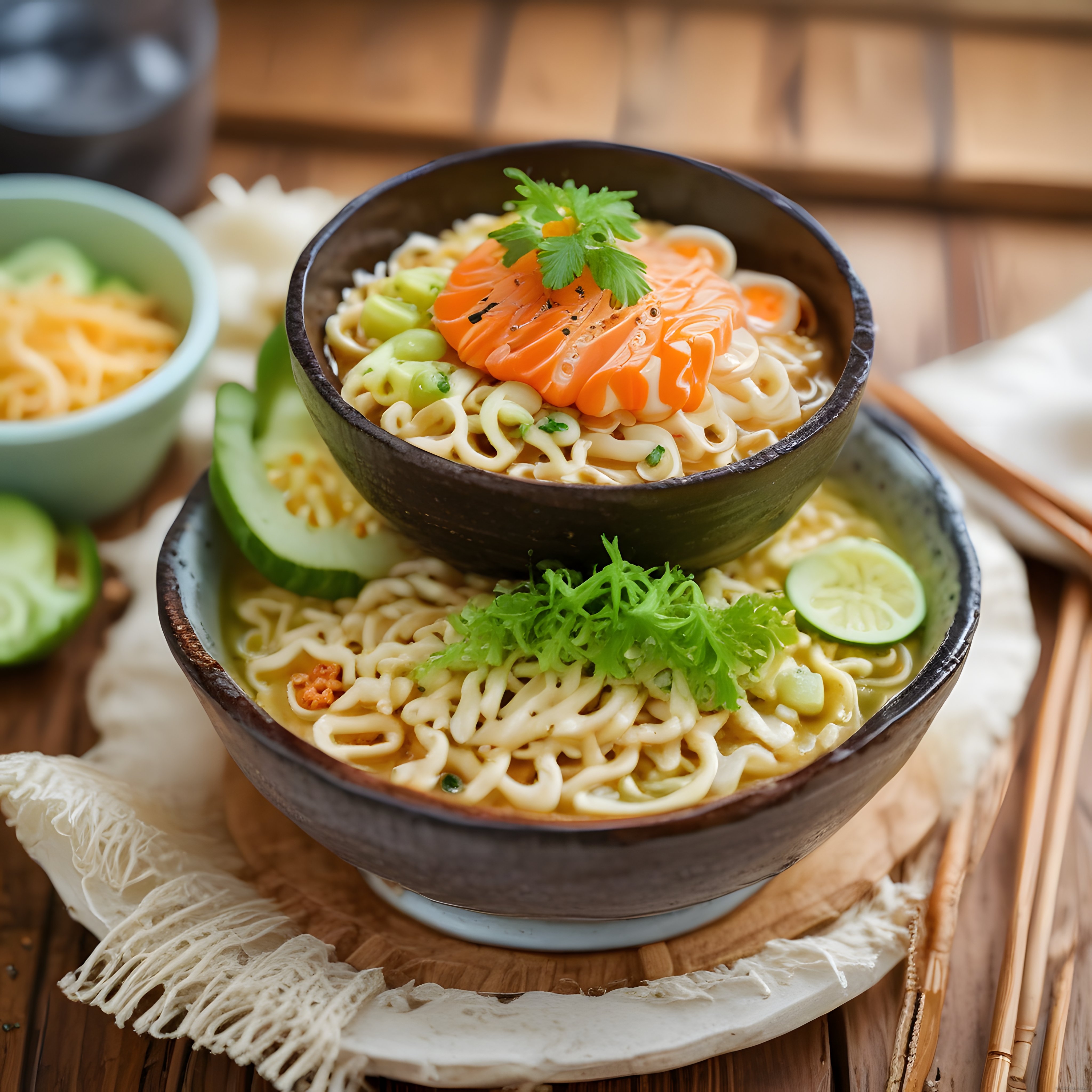 Ahşap Masada İki Kase Somonlu Noodle: Asya Mutfağından Sağlıklı Öğün Fikri