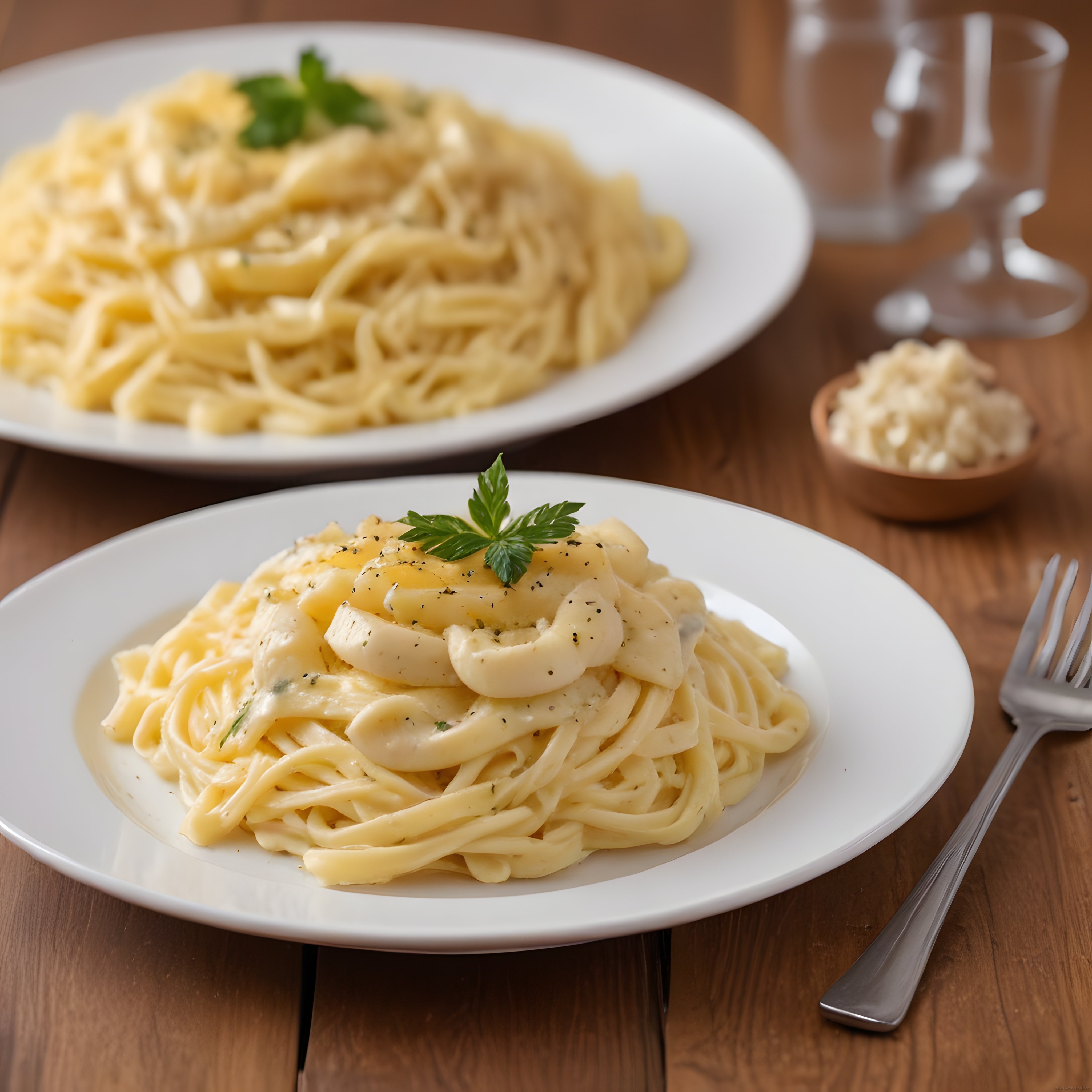 ahşap masada iki porsiyon kremalı fettucine makarna sunumu ve şarap eşleşmesi