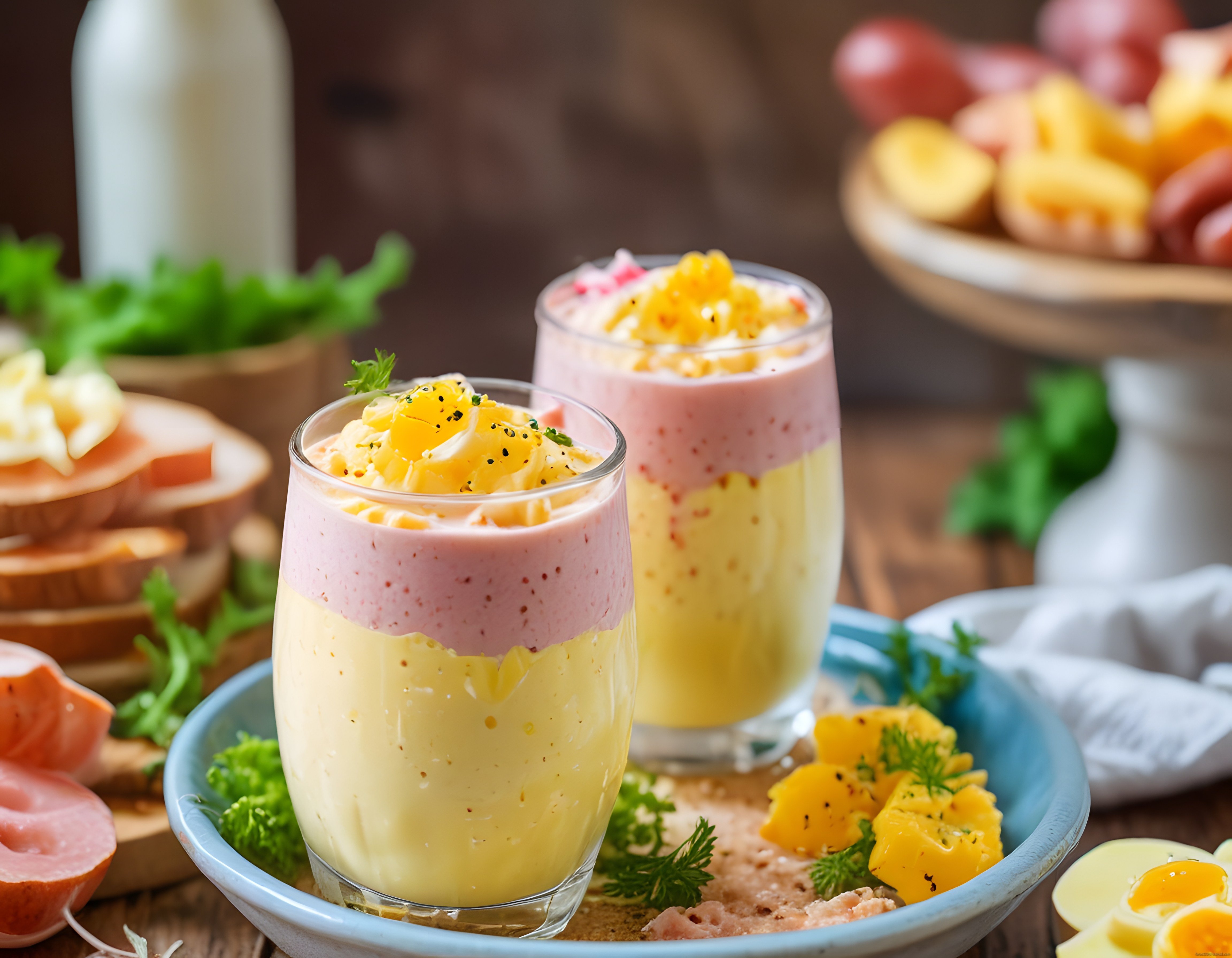 Ahşap Masada İki Renkli Katmanlı Smoothie ve Kahvaltılık Lezzet Sunumu
