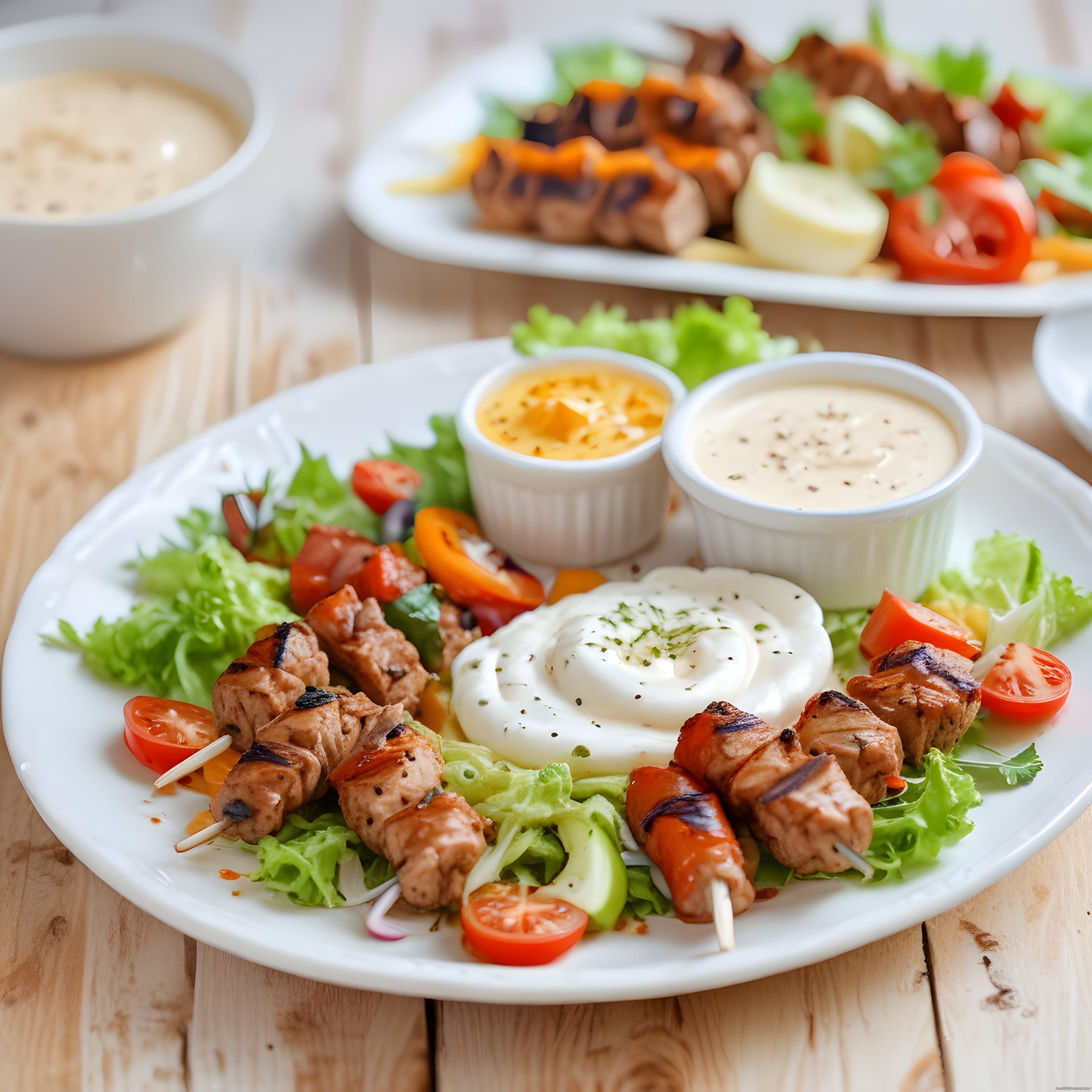 Ahşap Masada Izgara Et Şiş ve Burrata Peynirli Nefis Yemek Sunumu