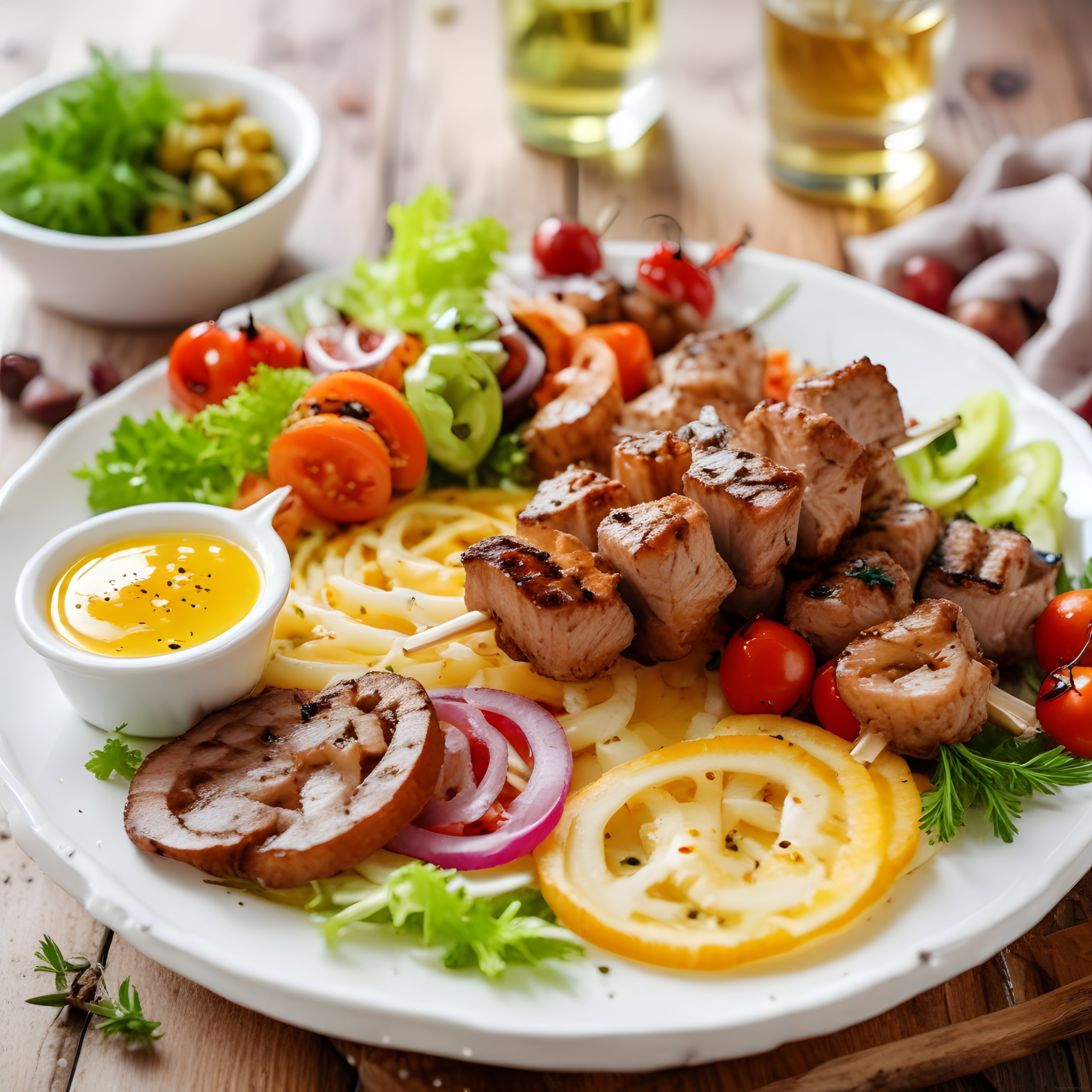 Ahşap Masada Izgara Et ve Taze Sebzelerle Süslenmiş Nefis Makarna Tabağı
