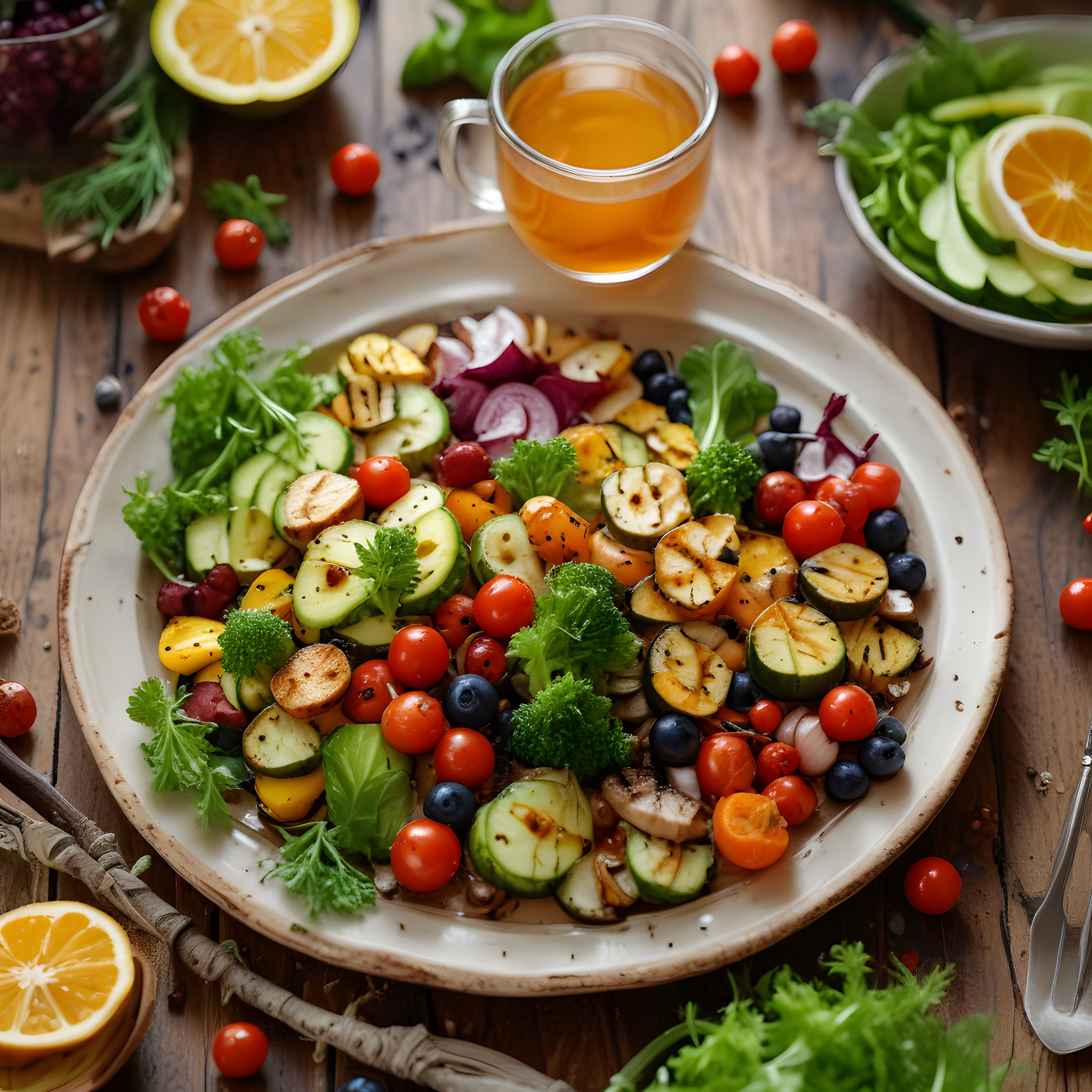 Ahşap Masada Izgara Sebzeli ve Meyveli Sağlıklı Vegan Tabağı