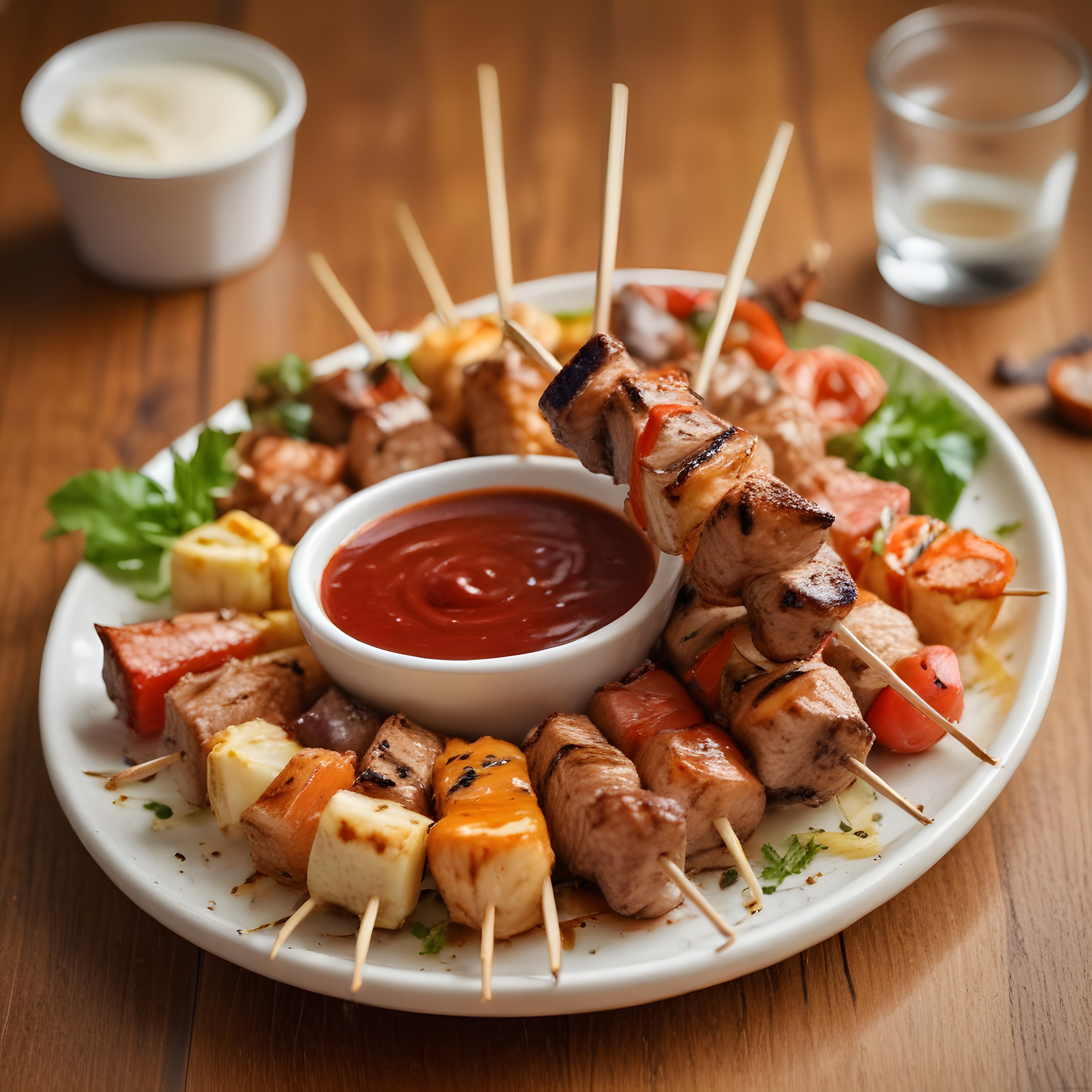 Ahşap masada ızgara şiş kebap çeşitleri, domates ve özel sos ile enfes sunum