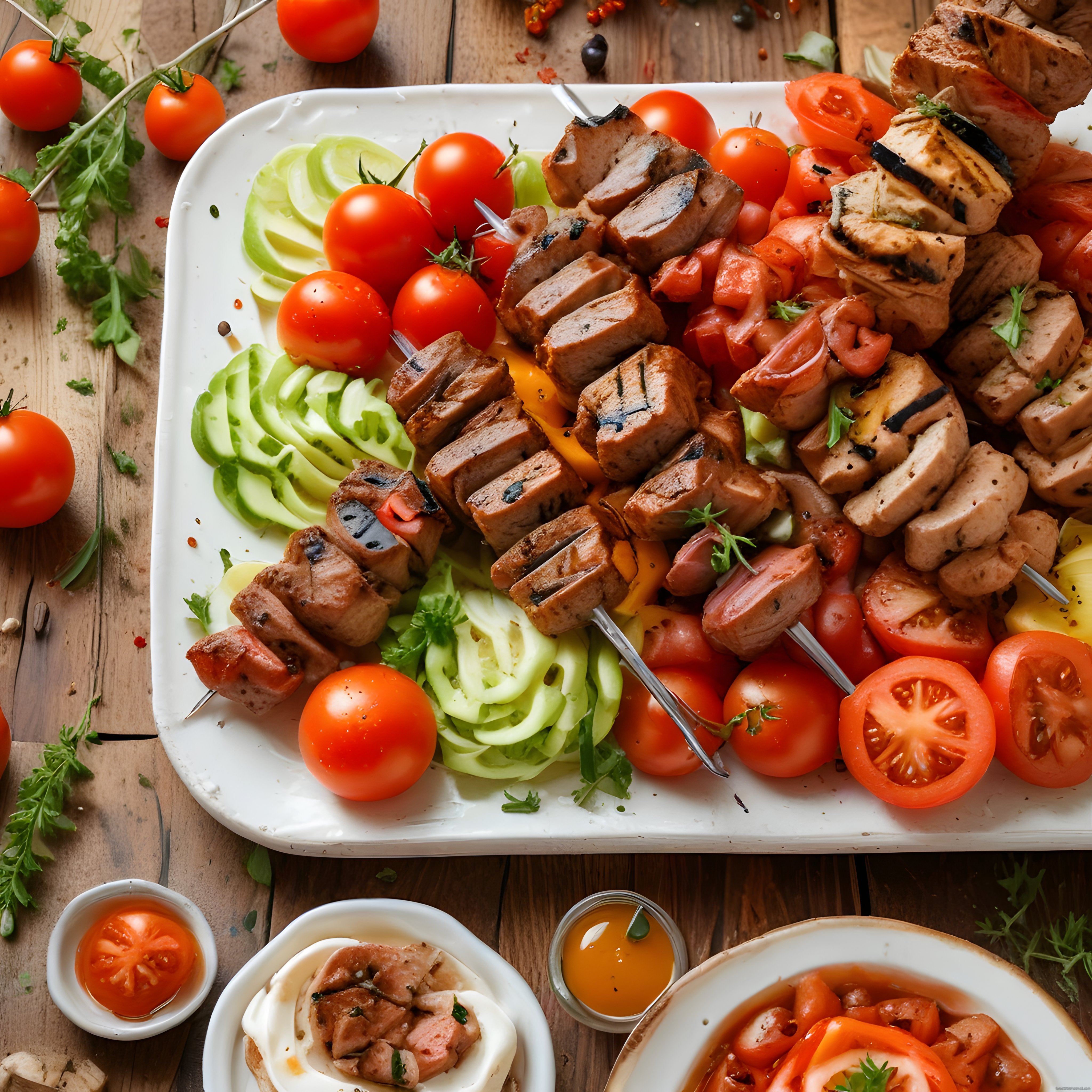 Ahşap Masada Izgara Şiş Kebap, Domates ve Salatalık ile Renkli Sunum
