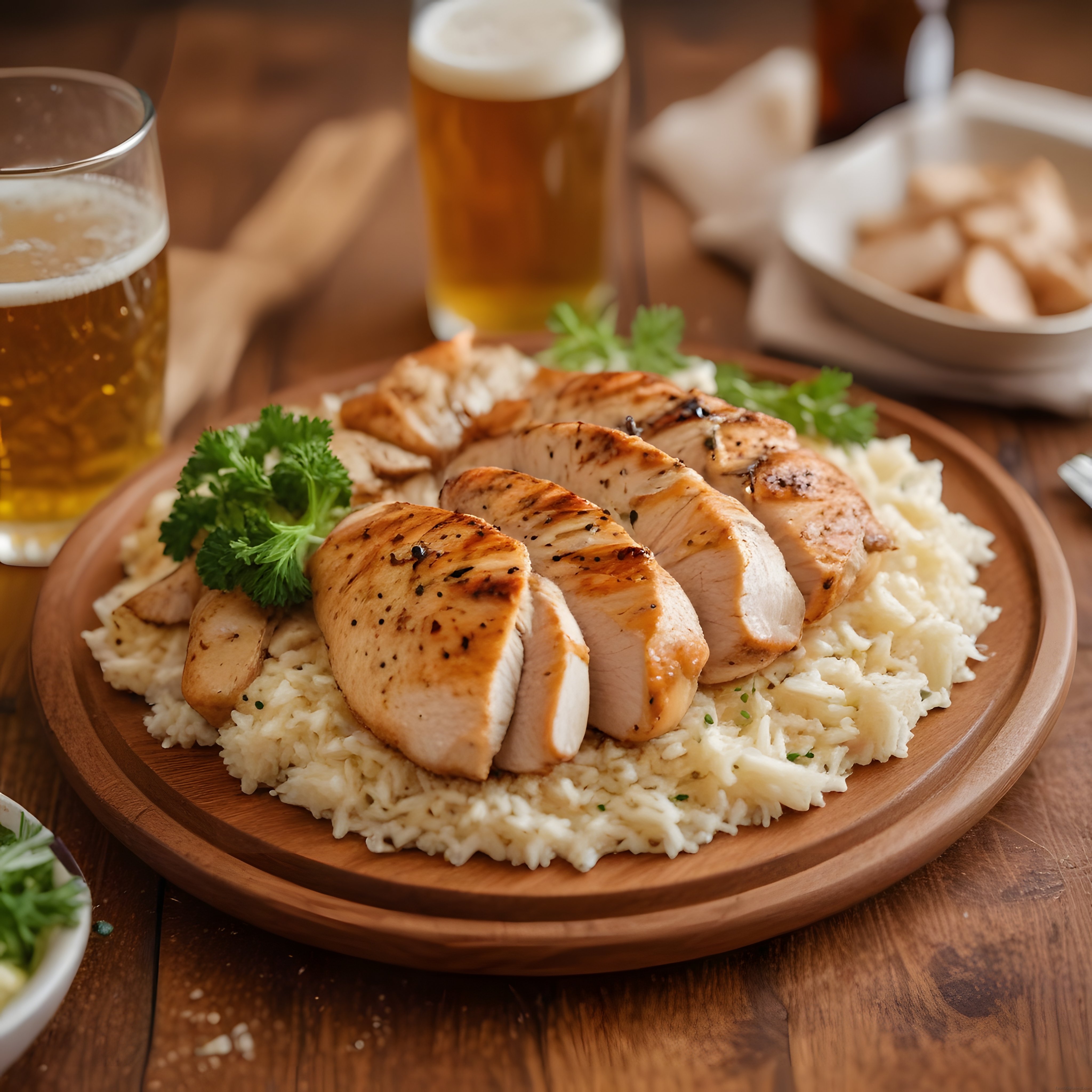 Ahşap Masada Izgara Tavuk Göğsü ve Pilav ile Eşsiz Bir Pub Akşamı