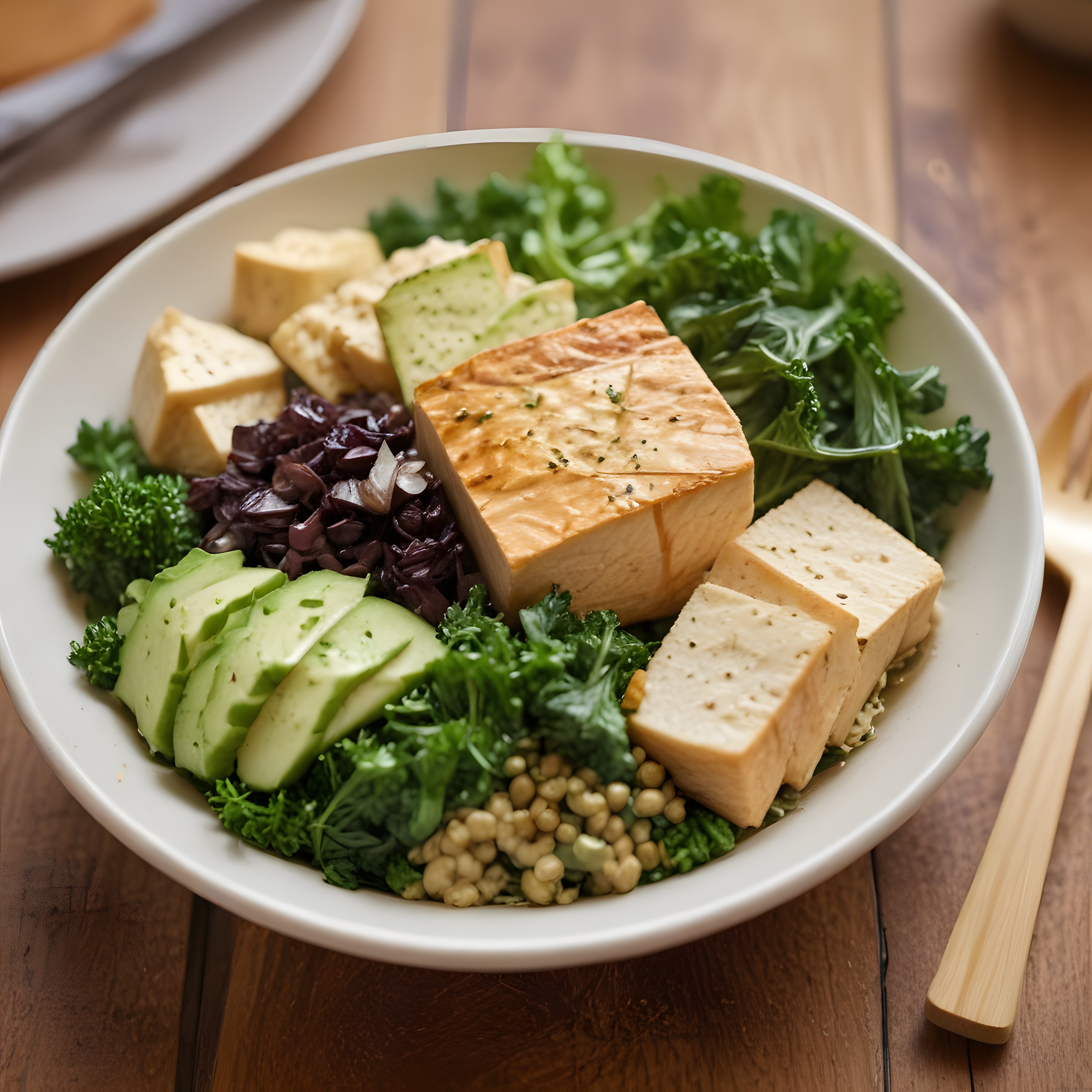 Ahşap Masada Izgara Tofu ve Avokadolu Renkli Vegan Beslenme Kasesi