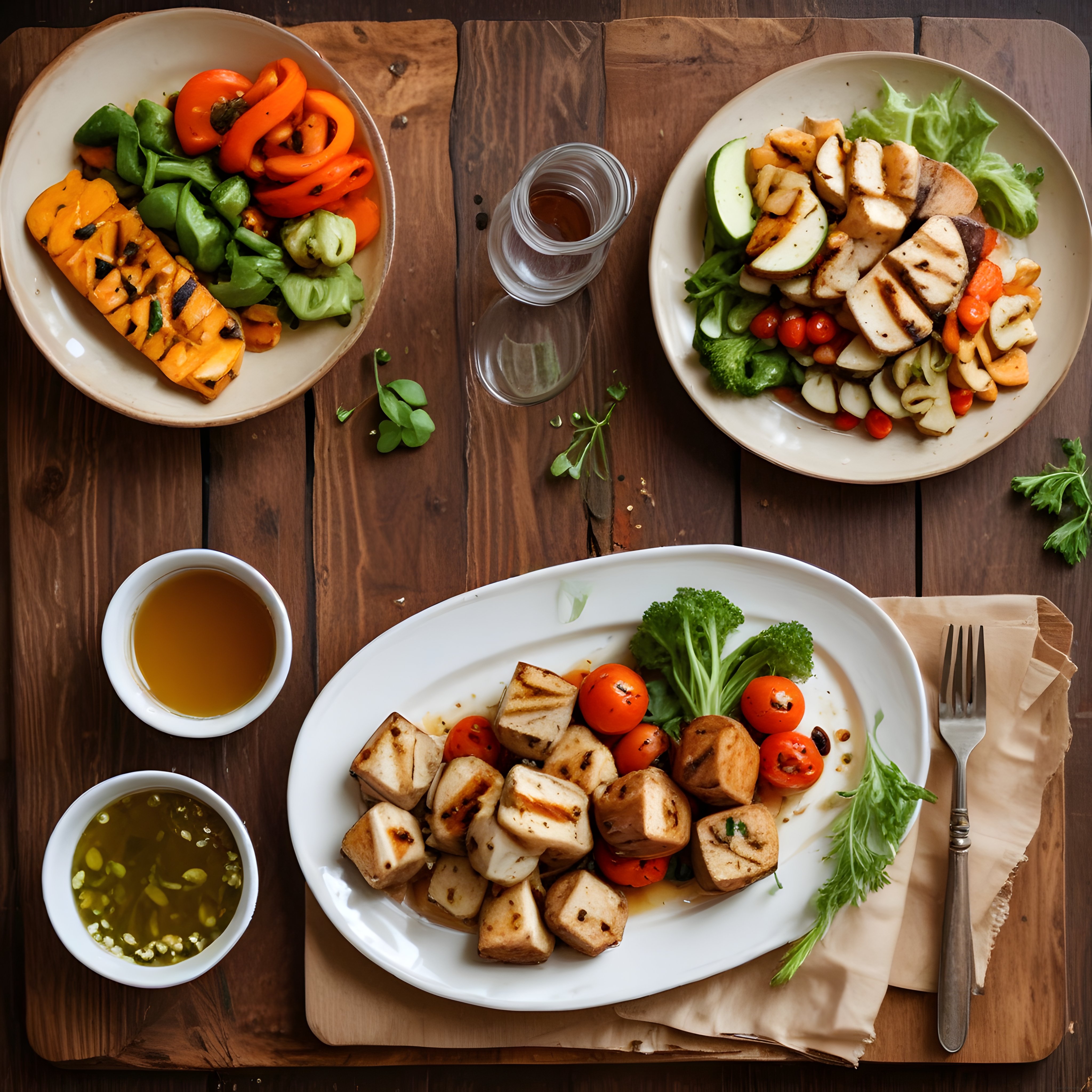 Ahşap Masada İzgarada Sebzeler ve Tofu ile Göz Alıcı Vegan Tabak