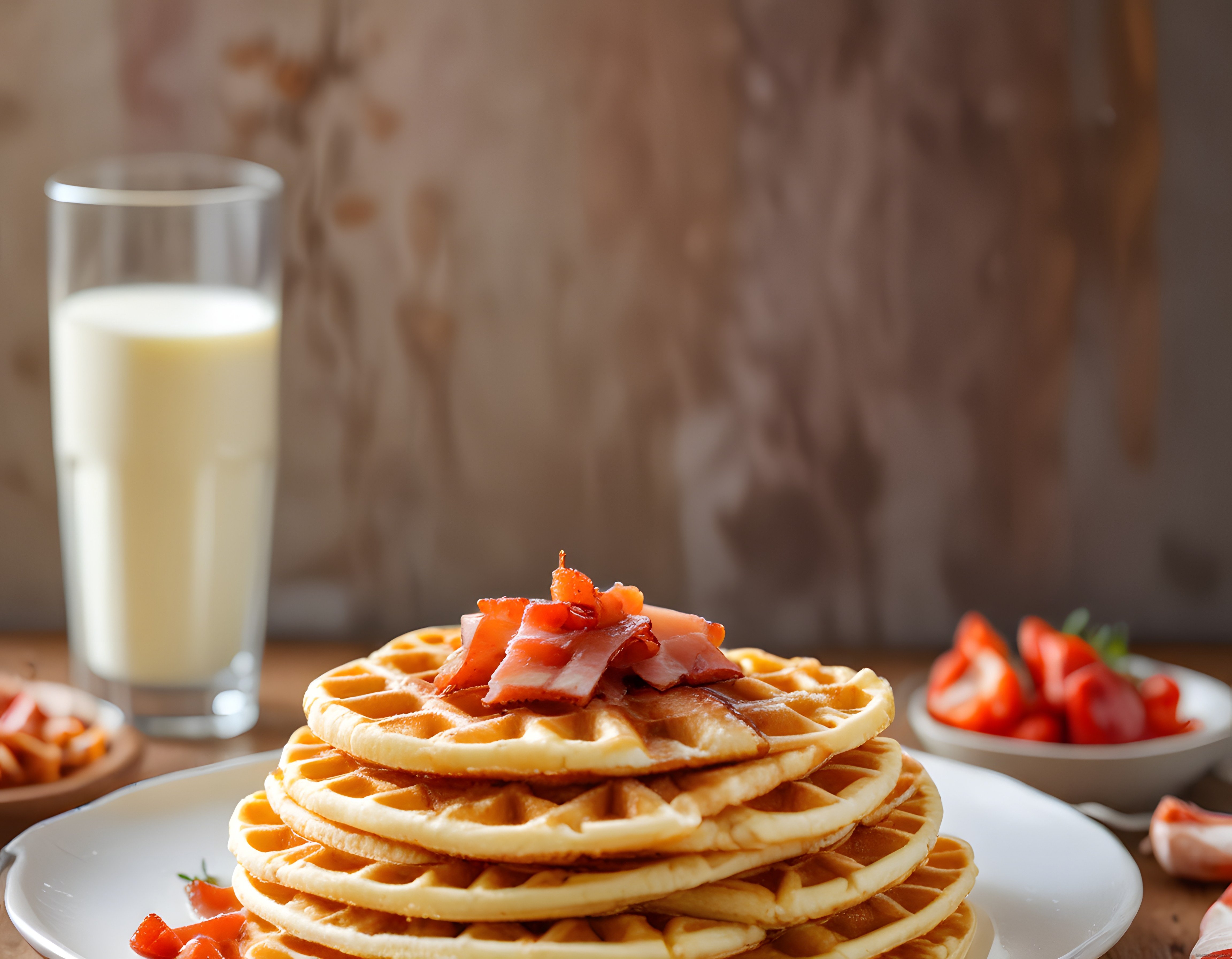 Ahşap Masada Jambonlu Waffle Kulesi ve Taze Çileklerle Kahvaltı Keyfi
