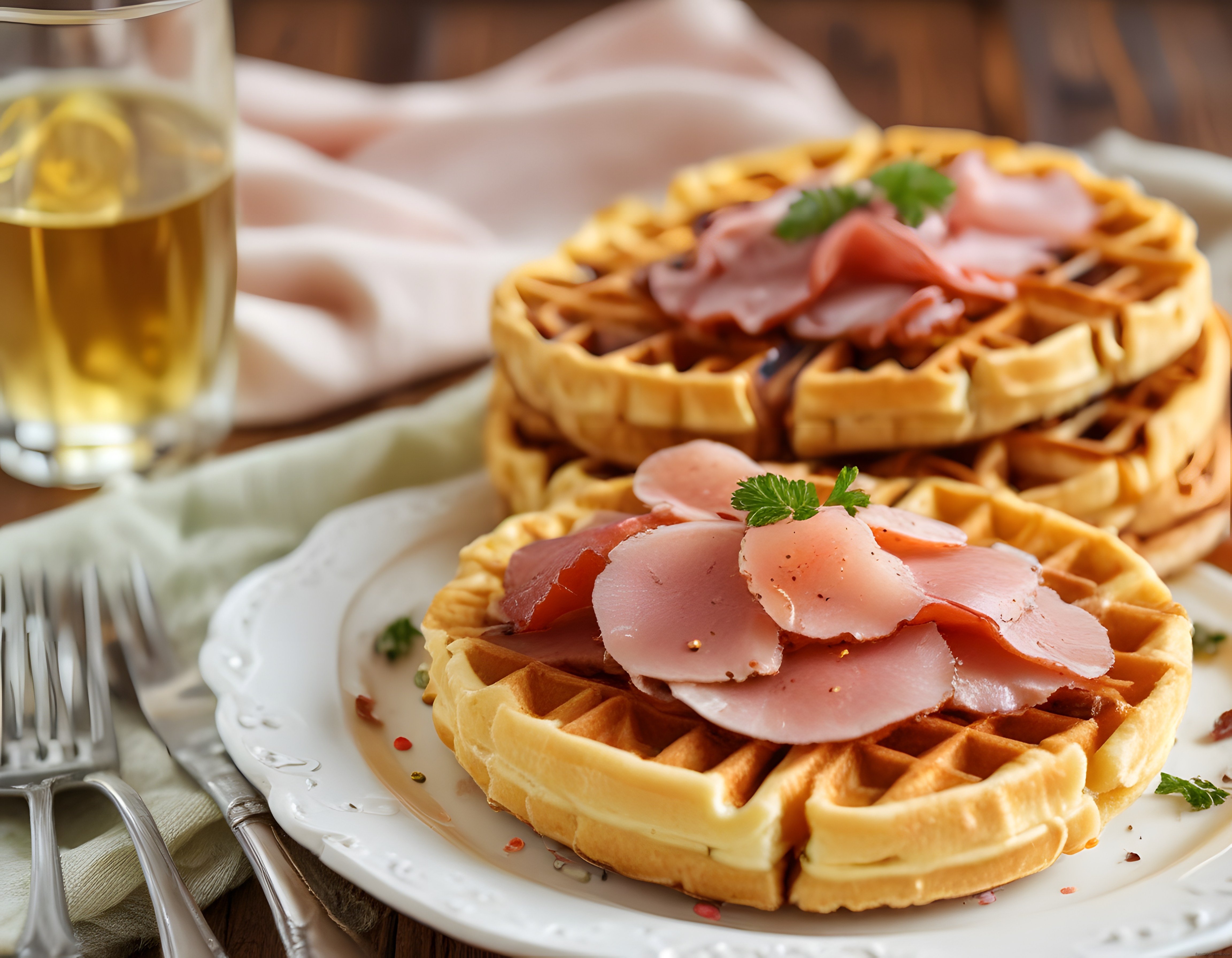 Ahşap Masada Jambonlu Waffle ve Beyaz Şarap ile Şık Bir Brunch