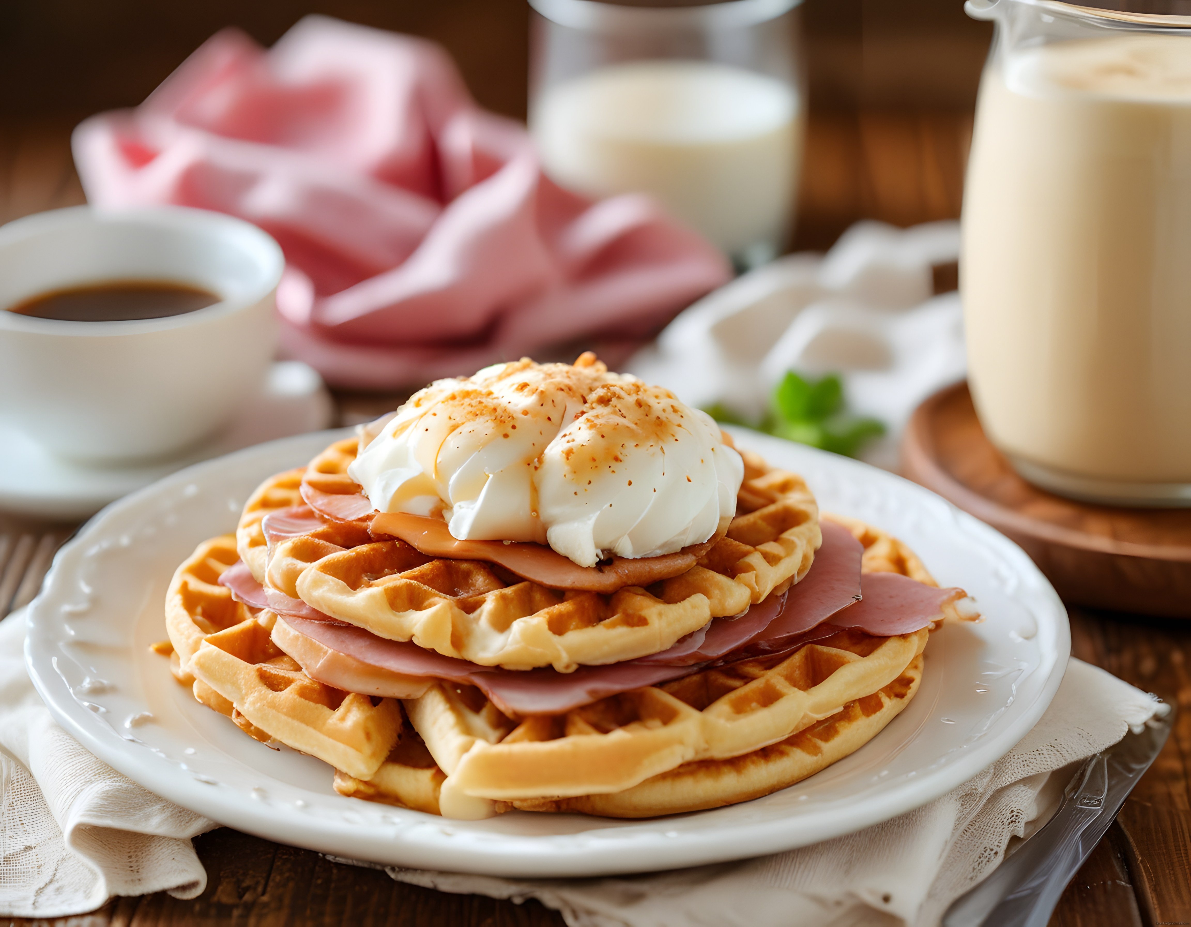 Ahşap Masada Jambonlu Waffle ve Yumurtalı Enfes Kahvaltı Tabağı