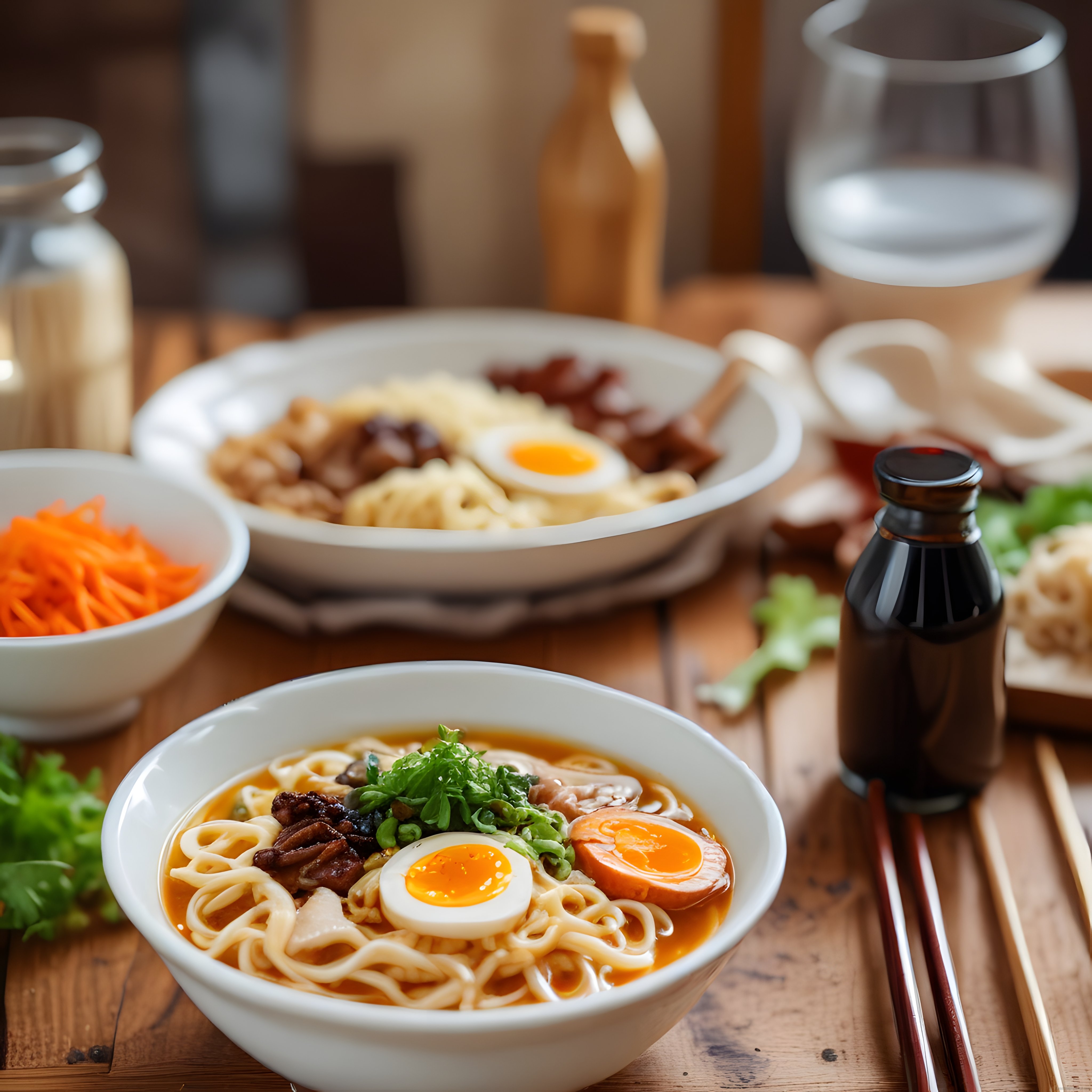 Ahşap Masada Japon Ramen Kasesi ve Yumuşak Haşlanmış Yumurtalı Sunum
