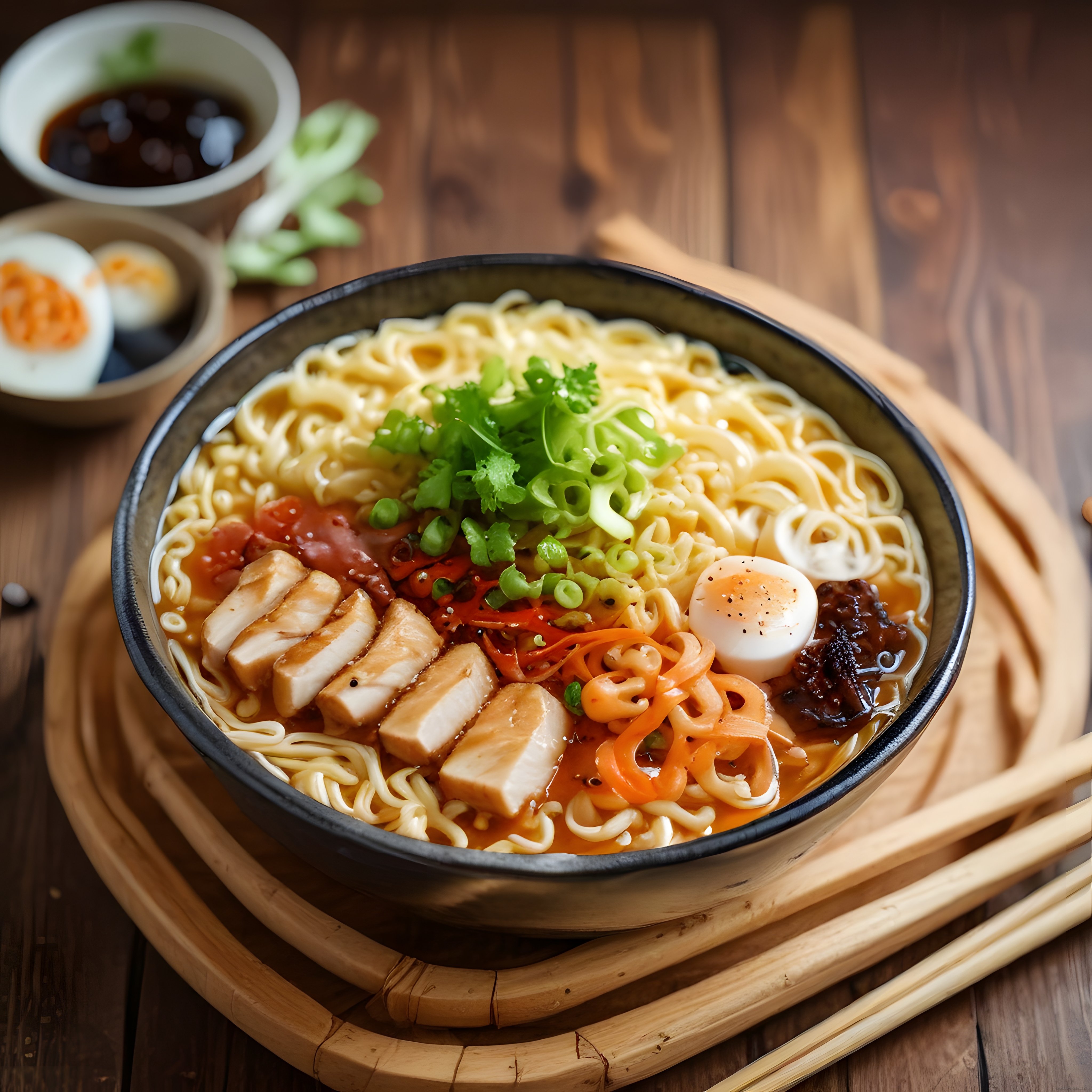 Ahşap masada japon usulü tavuklu ve yumurtalı baharatlı ramen kasesi