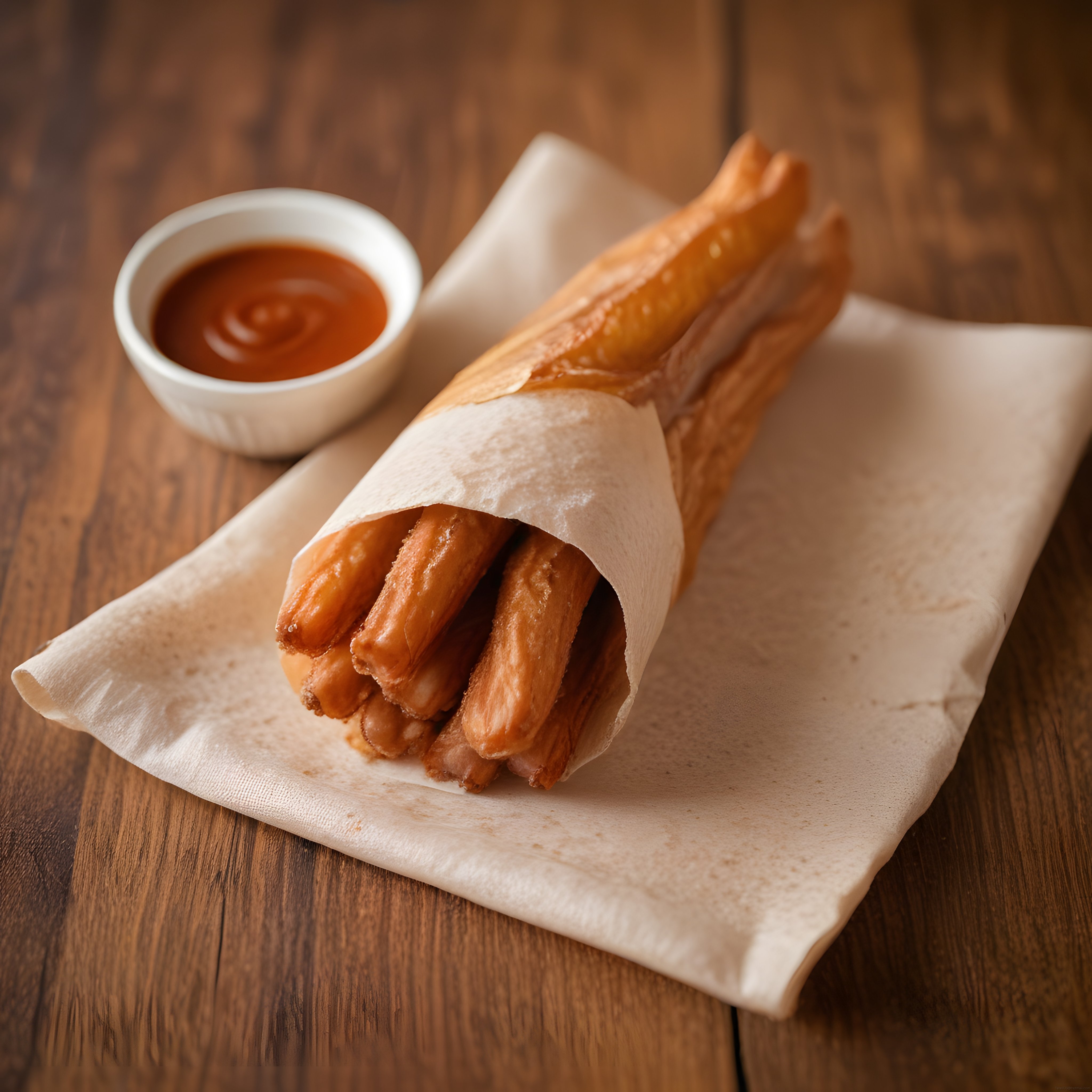 Ahşap Masada Kağıda Sarılmış Churros ve Karamel Soslu Tatlı Sunumu