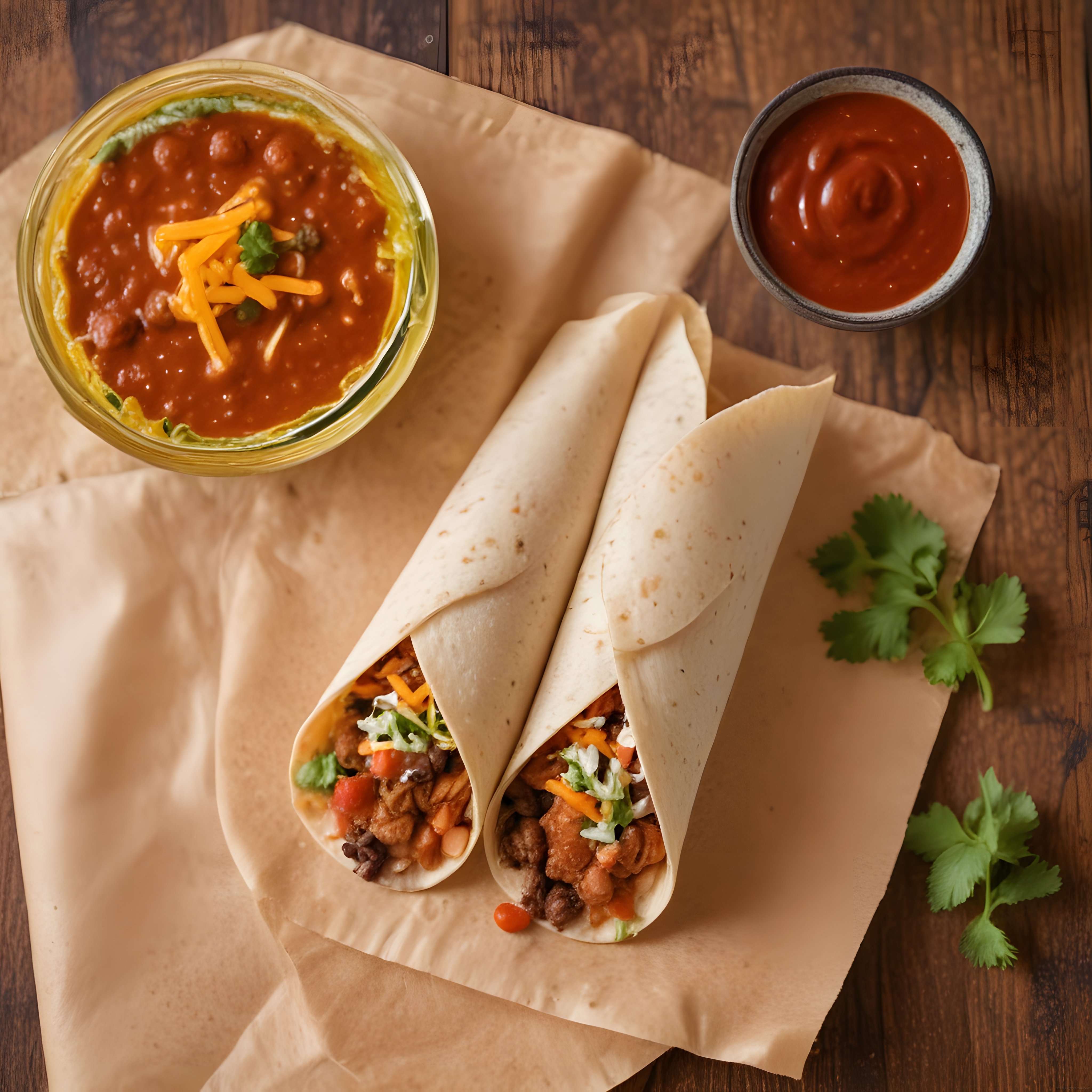Ahşap masada kağıtta Meksika burrito ve chili soslu lezzetli sunum