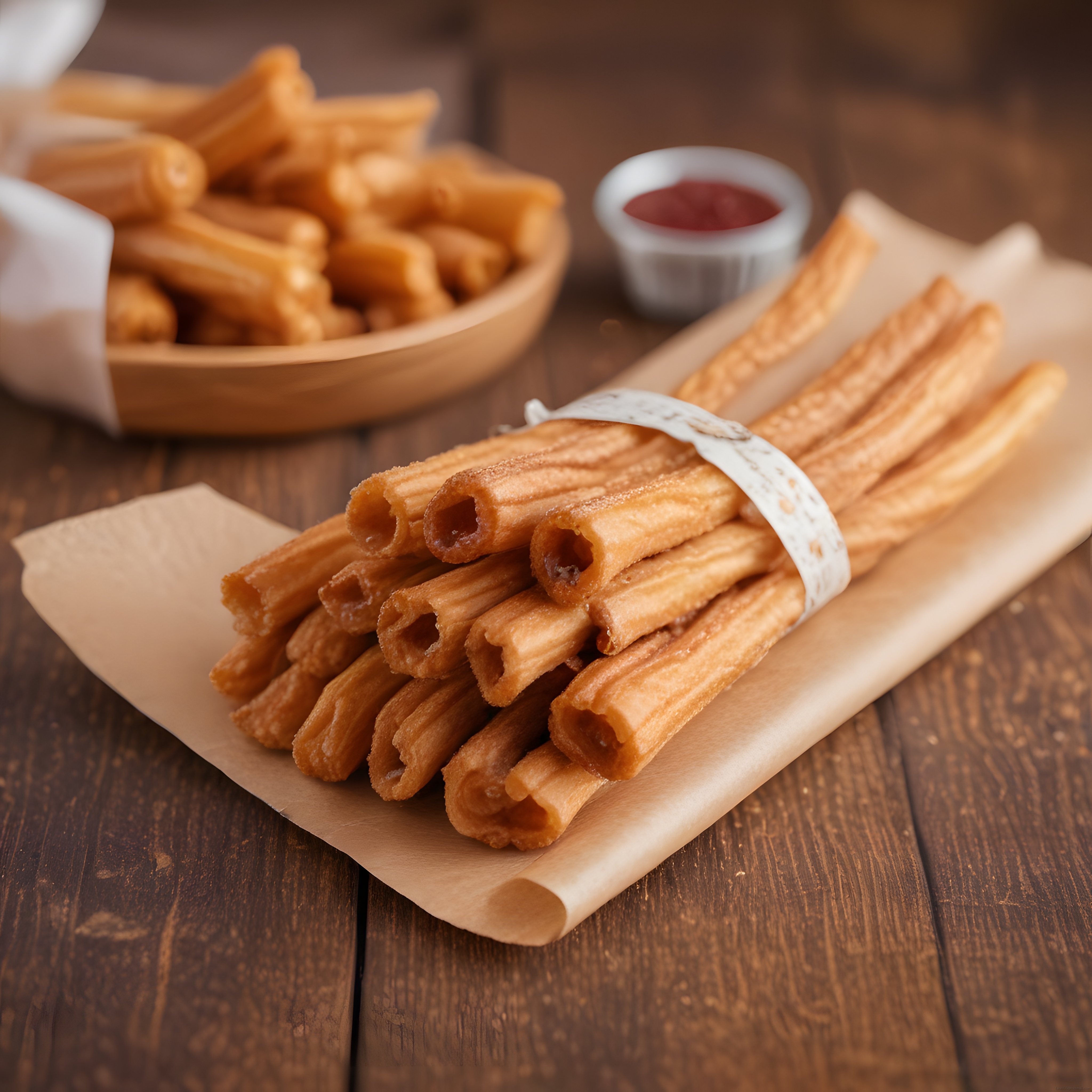 Ahşap masada kağıtta sunulmuş şekerli çıtır churros tatlısı lezzetli görsel