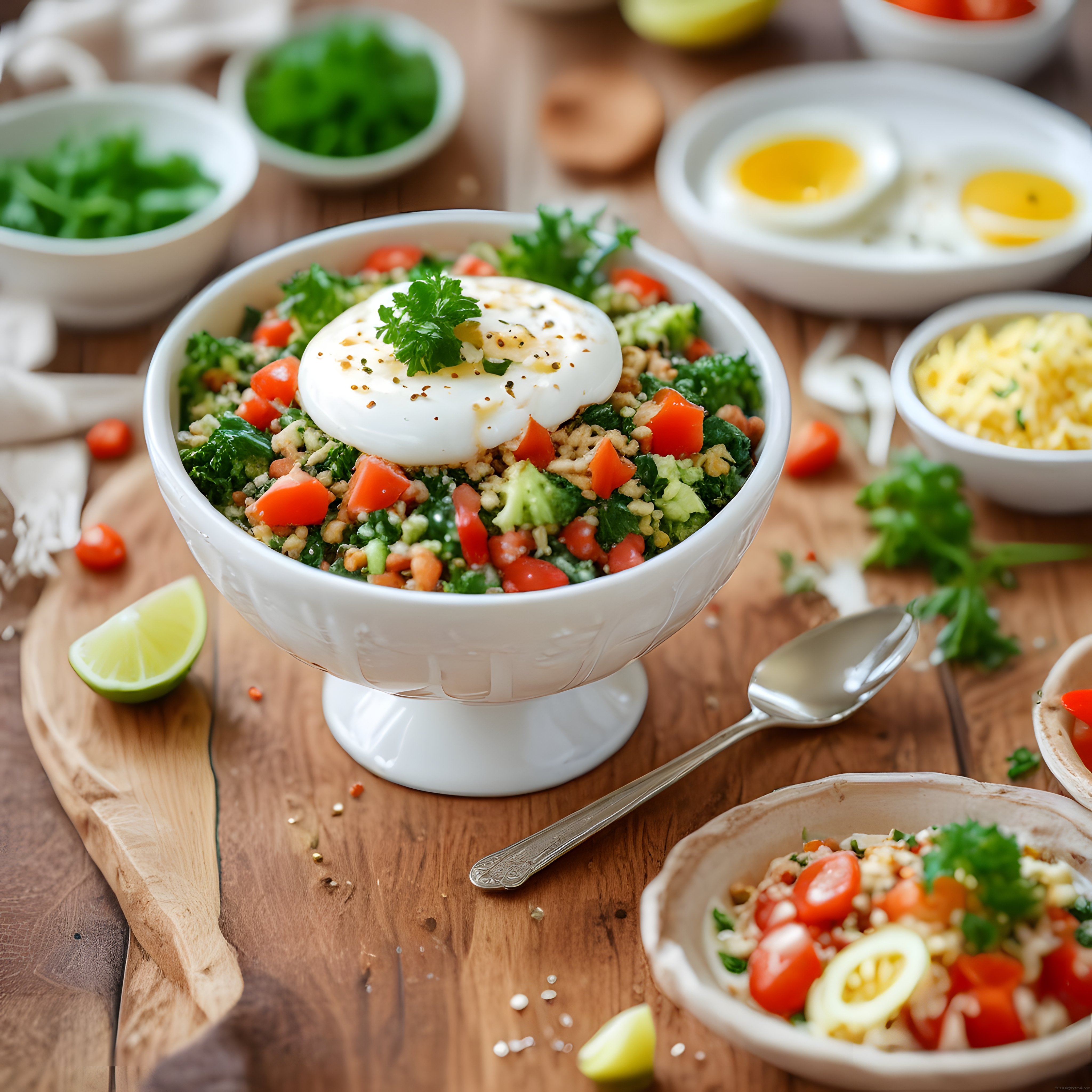 Ahşap Masada Kahvaltı Kasesi: Tahıl, Poached Yumurta ve Taze Sebzeler