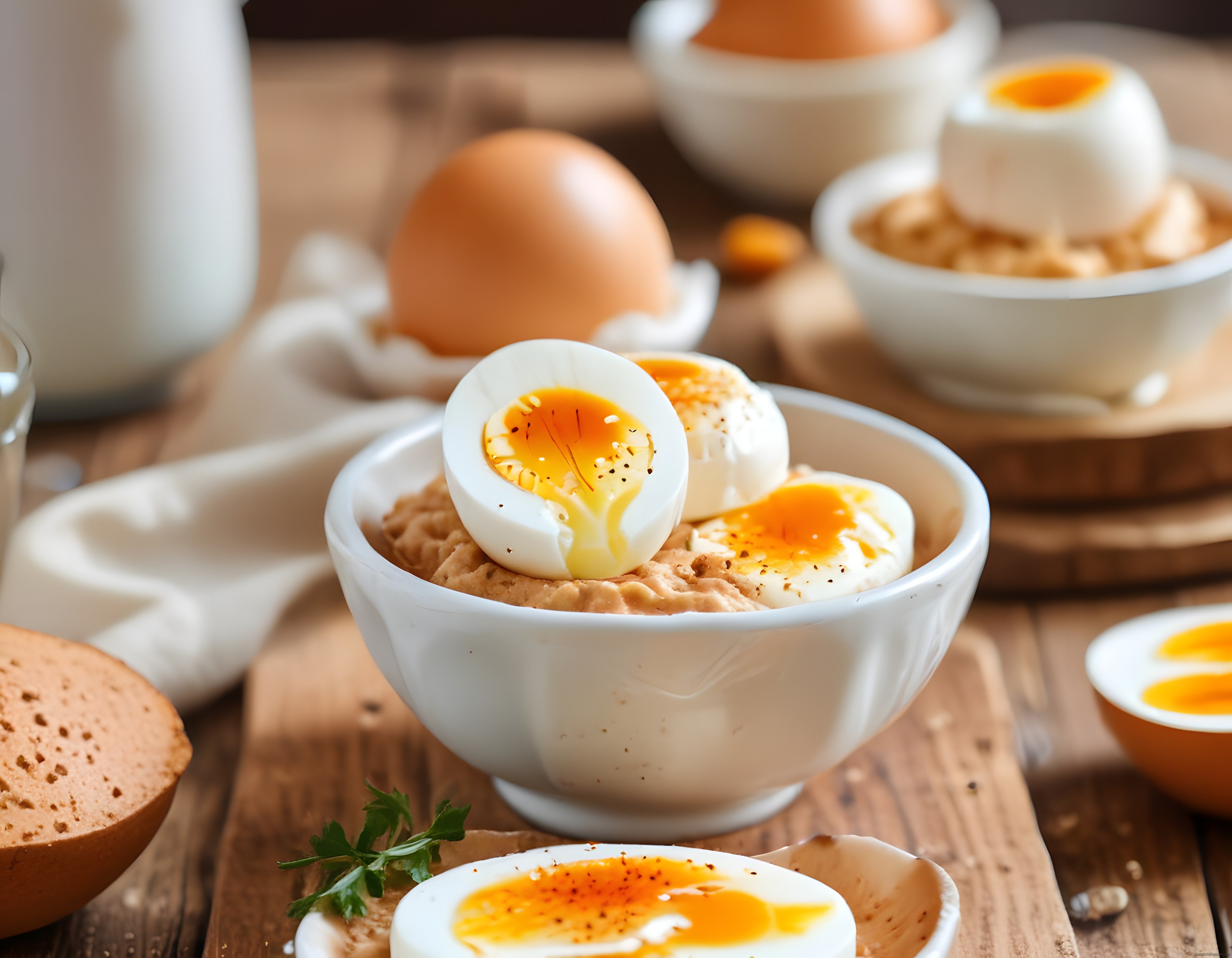 Ahşap Masada Kahvaltı Keyfi: Akışkan Yumurta ve Humus Tabağı