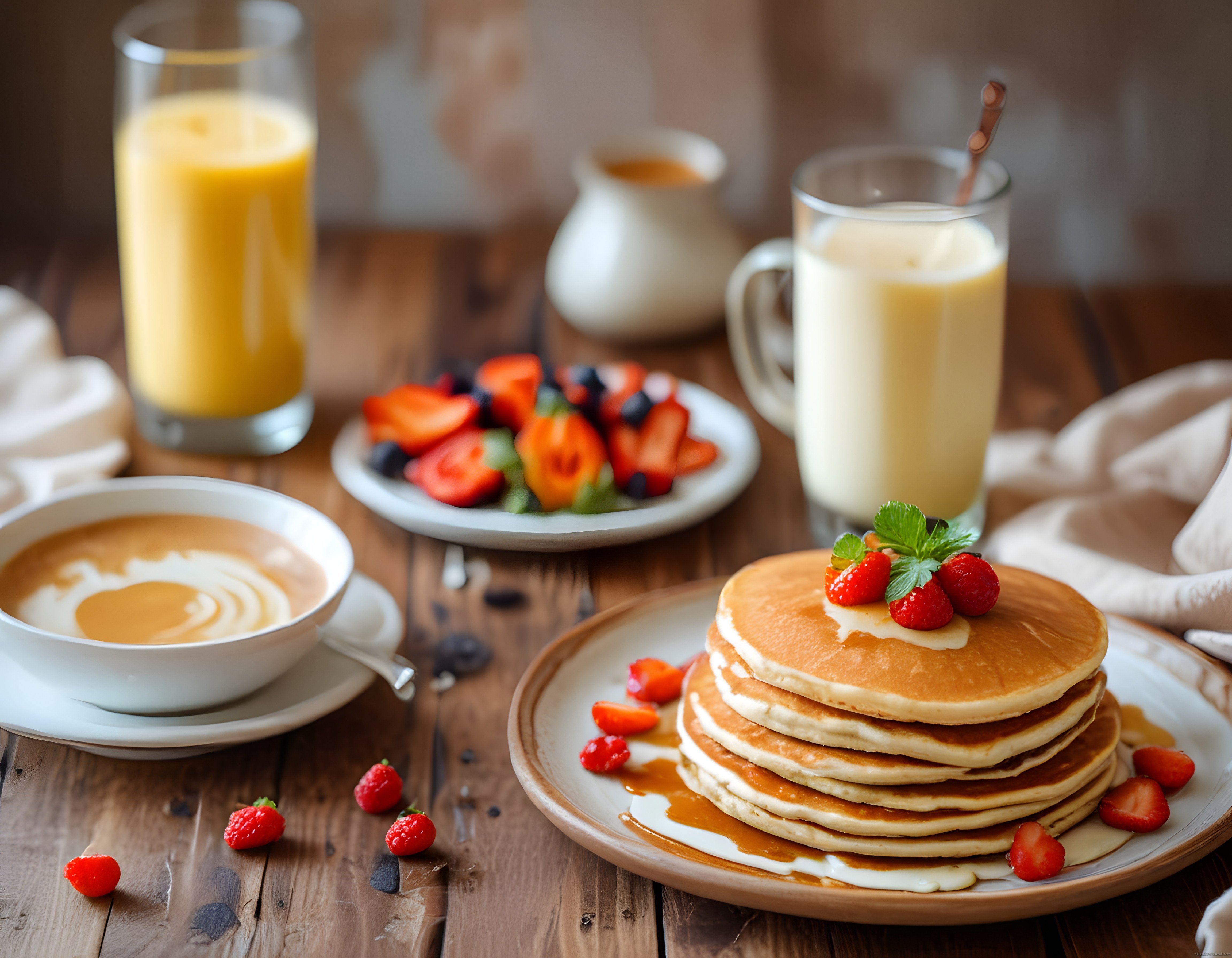 Ahşap Masada Kahvaltı Keyfi: Çilekli Pankek, Latte Art ve Taze Meyve Tabağı